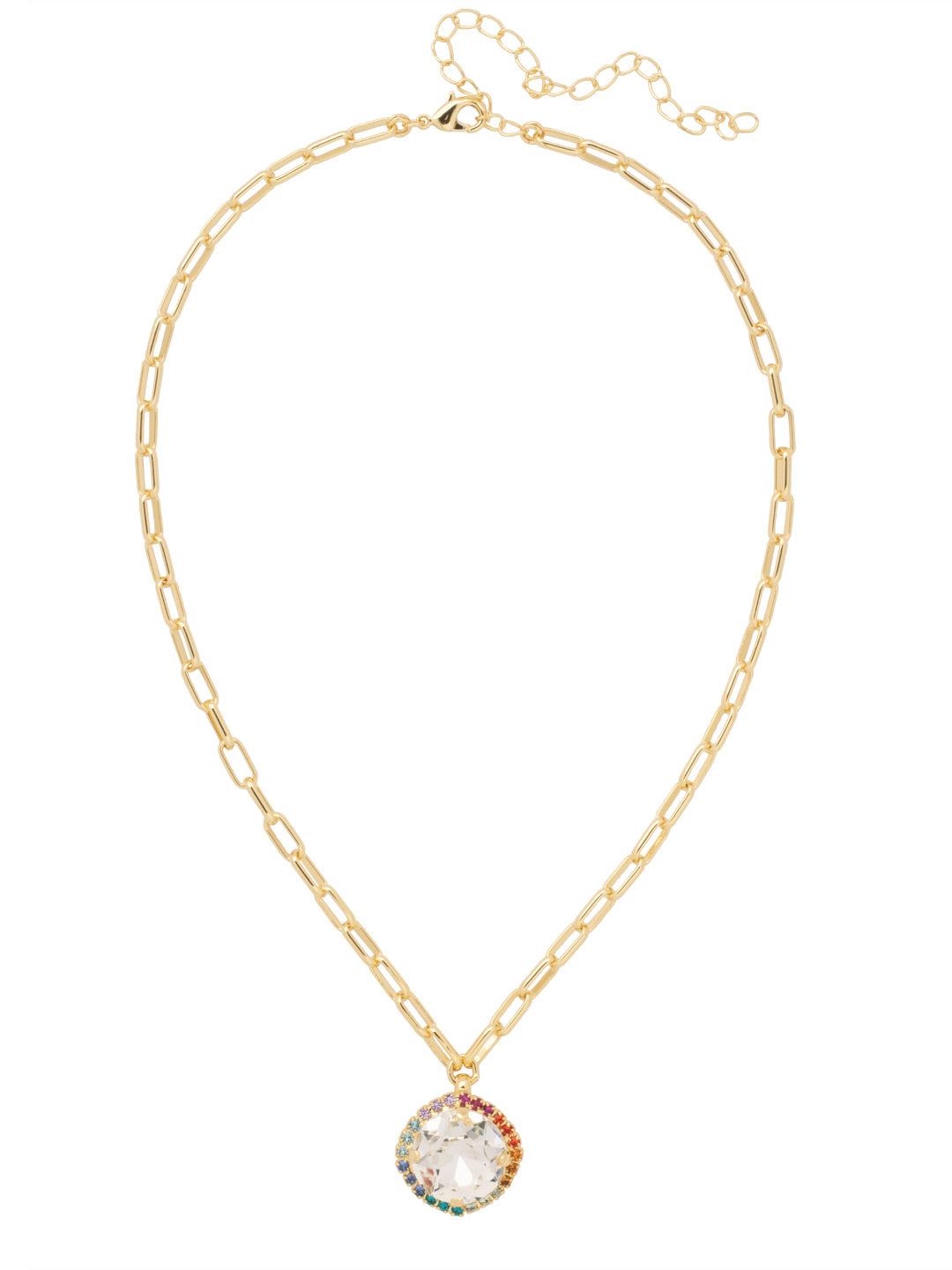 Maya Pendant Necklace - 8NA3BGPRI - <p>The Maya Pendant Necklace features a bold round halo cut crystal dangling from an adjustable paperclip chain, and secured with a lobster claw clasp. From Sorrelli's Prism collection in our Bright Gold-tone finish.</p>