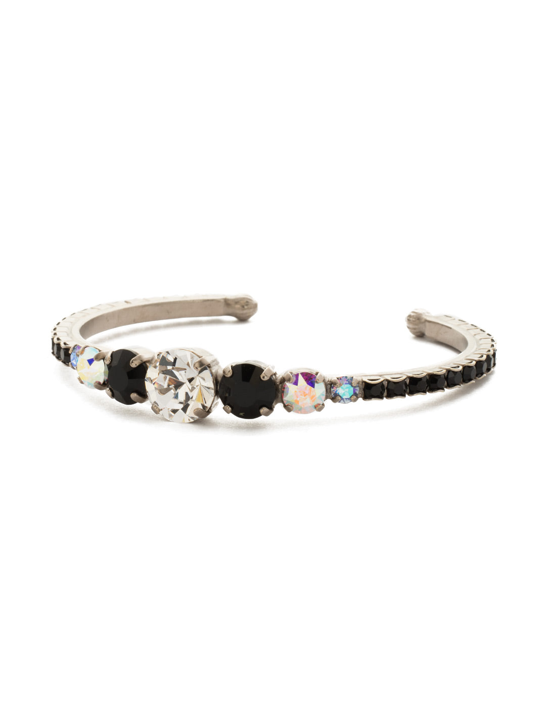 Dazzling Dotted Line Cuff Bracelet - BCQ14ASBLT - This cuff bracelet is pretty and petite yet packed with sparkle! Multi-sized round crystals cover this bracelet from end to end. Add this beauty to your current arm party or wear alone for a subtle statement. From Sorrelli's Black Tie collection in our Antique Silver-tone finish.