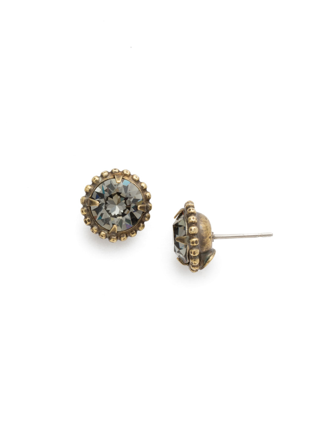 Simplicity Stud Earrings - EBY38AGBD - <p>A timeless classic, the Simplicity Stud Earrings feature round cut crystals in a variety of colors; accented with a halo of metal beaded detail. Need help picking a stud? <a href="https://www.sorrelli.com/blogs/sisterhood/round-stud-earrings-101-a-rundown-of-sizes-styles-and-sparkle">Check out our size guide!</a> From Sorrelli's Black Diamond collection in our Antique Gold-tone finish.</p>