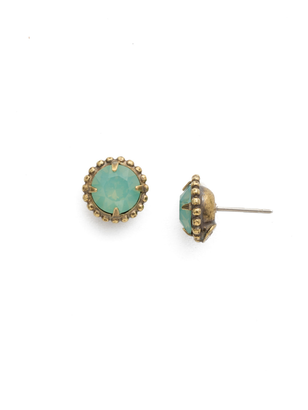 Simplicity Stud Earrings - EBY38AGPAC - <p>A timeless classic, the Simplicity Stud Earrings feature round cut crystals in a variety of colors; accented with a halo of metal beaded detail. Need help picking a stud? <a href="https://www.sorrelli.com/blogs/sisterhood/round-stud-earrings-101-a-rundown-of-sizes-styles-and-sparkle">Check out our size guide!</a> From Sorrelli's Pacific Opal collection in our Antique Gold-tone finish.</p>