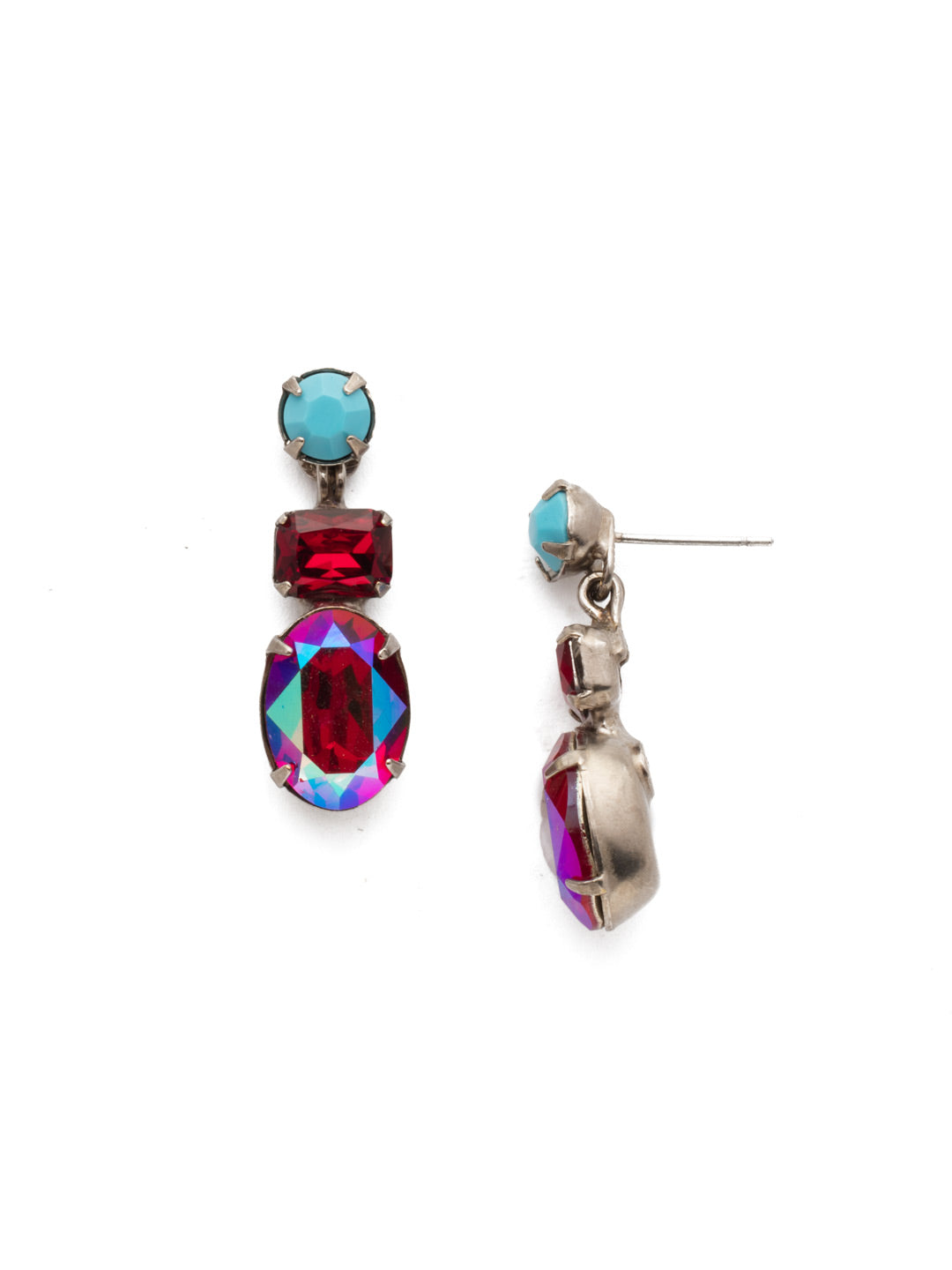Forget-Me-Not Dangle Earring - EDQ6ASRTU - A central oval stone is highlighted by emerald and round cut crystals in this classic design. From Sorrelli's Ruby Moroccan Turquoise collection in our Antique Silver-tone finish.
