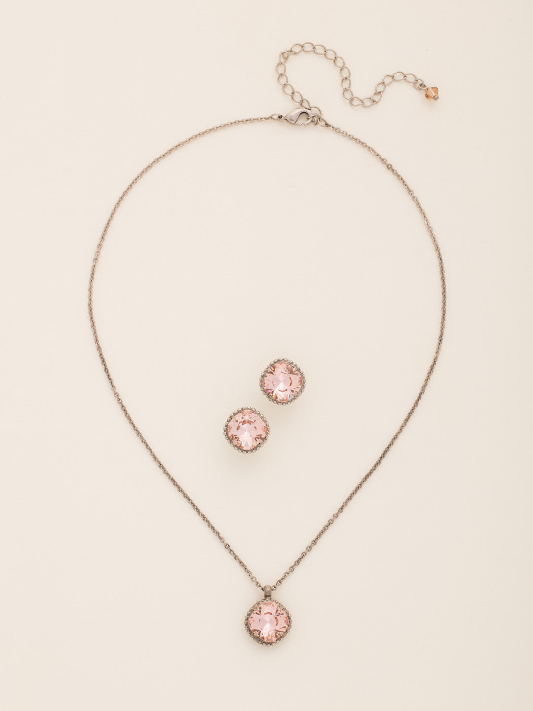 Cushion-Cut Solitaire Necklace and Earring Gift Set - GCT68ASSND - <p>Wear this set anywhere, everyday, for all around allure! This gift set features rounded-edge cushion cut stones encircled by a vintage inspired decorative edge border. From Sorrelli's Sand Dune collection in our Antique Silver-tone finish.</p>