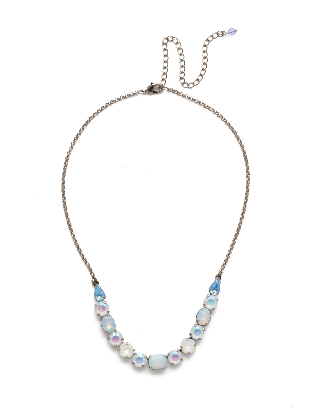 Tansy Half Line Tennis Necklace - NDQ14ASGLC - <p>Oval, round, emerald, pear and cushion cut crystals are accented by a delicate chain for subtle sparkle that looks great layered or worn solo. From Sorrelli's Glacier collection in our Antique Silver-tone finish.</p>
