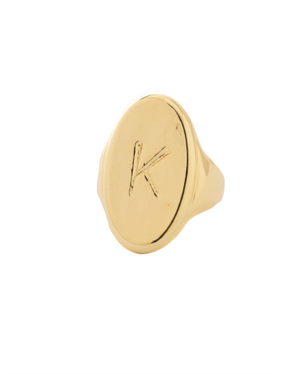 "K" Signet Statement Ring - RFK40BGMTL - <p>The Signet Statement Ring features a capital letter stamped into an oblong metal disk on an adjustable ring band. From Sorrelli's Bare Metallic collection in our Bright Gold-tone finish.</p>
