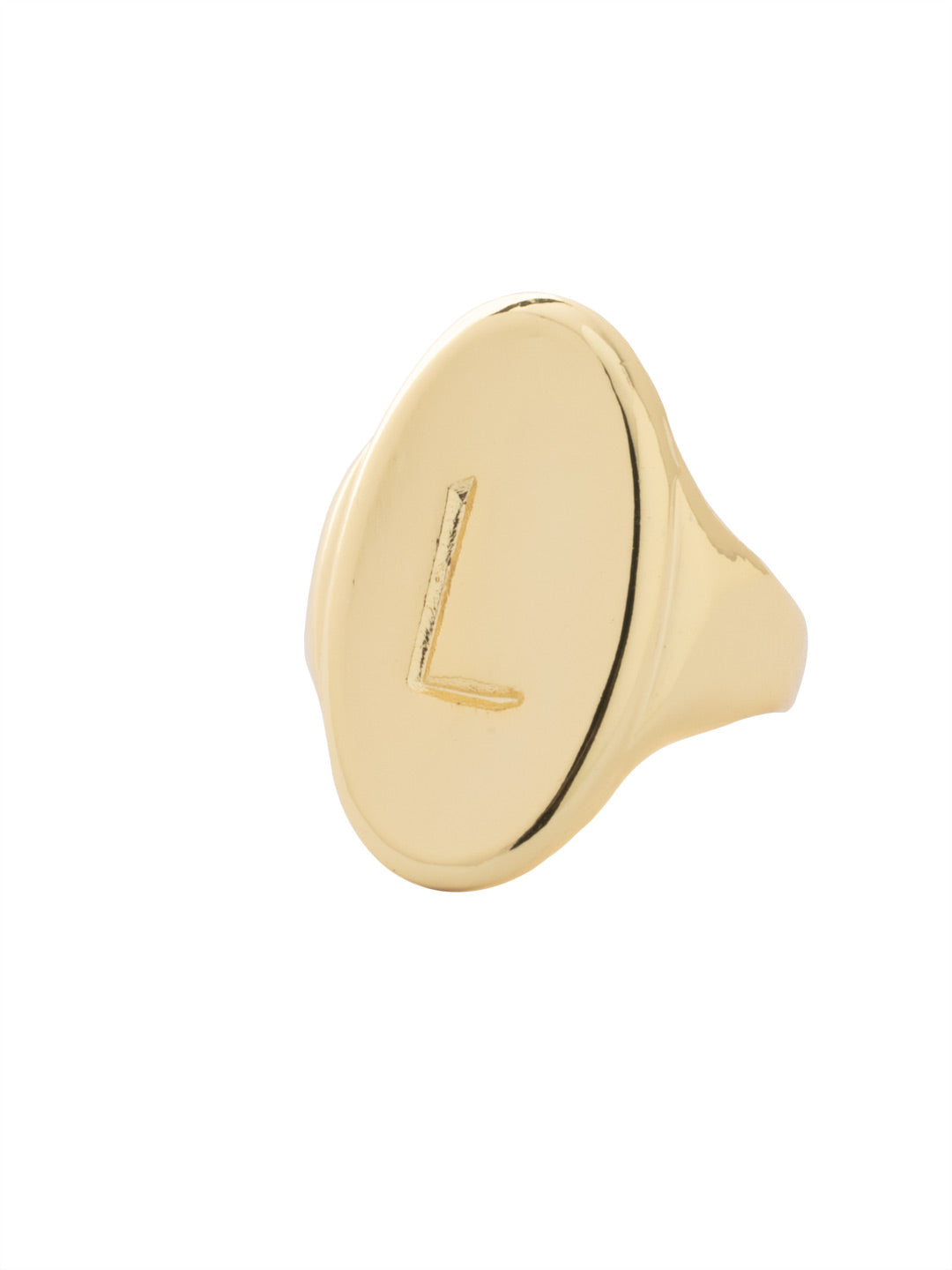 "L" Signet Statement Ring - RFK41BGMTL - <p>The Signet Statement Ring features a capital letter stamped into an oblong metal disk on an adjustable ring band. From Sorrelli's Bare Metallic collection in our Bright Gold-tone finish.</p>