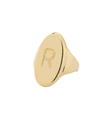 "R" Signet Statement Ring - RFK47BGMTL - <p>The Signet Statement Ring features a capital letter stamped into an oblong metal disk on an adjustable ring band. From Sorrelli's Bare Metallic collection in our Bright Gold-tone finish.</p>