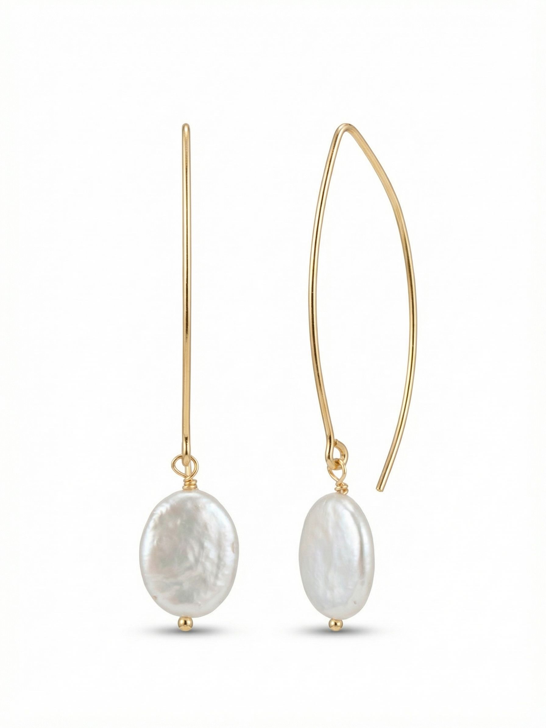 Finch Dangle Earrings - 4EES51BGMDP - <p>A sleek arc of wire suspends a single white coin pearl, creating an elongated line that moves gracefully with you. The natural, irregular texture of the pearl catches the light, offering a subtle contrast to the polished metal above. Threaded on a gracefully curved French wire, the design provides a gentle hold that remains comfortable all day. The lightweight construction ensures the pearl sways freely, bringing a quiet sense of movement to an understated silhouette.</p><ul>
<li>Elongated architectural wire silhouette</li>
<li>Organic textured flat coin pearl profile</li>
<li>Hook drop for easy, lightweight wear</li>
<li>Protective e-coat finish for lasting wear</li>
<li>Includes signature organza pouch for gifting and travel</li>
</ul>