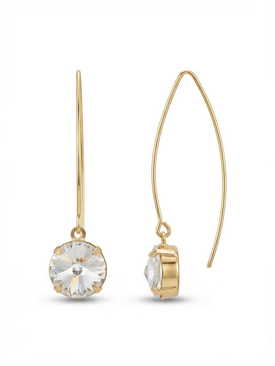 Nadine Dangle Earring - 4EEZ16BGCRY - <p>A single round clear crystal drops gracefully from an elongated earwire. The minimalist design focuses entirely on the light-catching facets of the stone, creating quiet movement with every turn of the head. The long French wire slips on effortlessly, offering a lightweight and comfortable hold throughout the day. Set against bright gold-tone metal, this pair brings a clean, polished presence to a casual sweater or a sharp blazer.</p><ul>
<li>Single round-cut clear crystal suspended to maximize light capture</li>
<li>Elongated earwire closure slips on easily for a lightweight, gentle hold</li>
<li>Includes signature organza pouch for gifting and travel</li>
</ul>