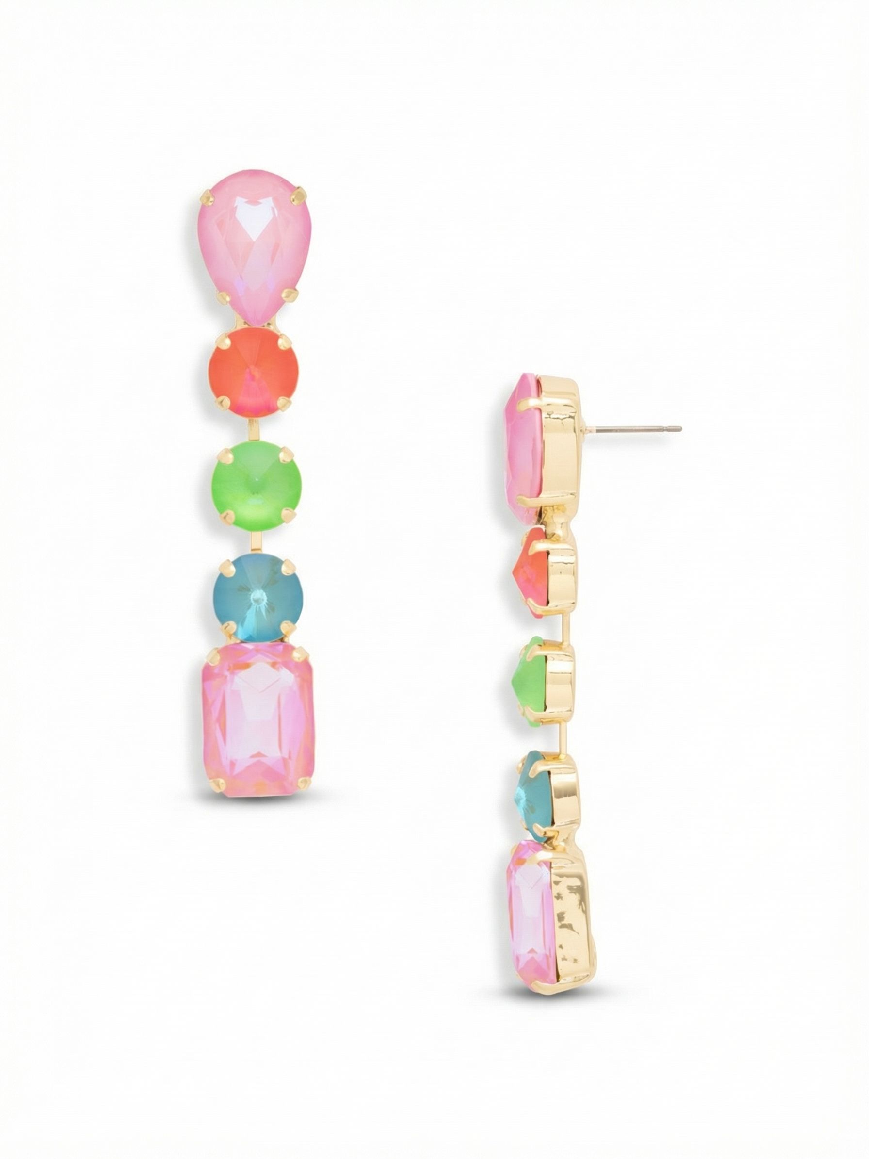 Lucille Statement Earrings - 4EFL3BGCCA - <p>A nearly three-inch cascade of geometric crystal brings sharp color to the face. The design descends from a bright pink pear cut through a rhythmic line of vivid orange, green, and blue stones, anchoring with a substantial emerald-cut base. The articulated setting allows each stone to catch the light naturally in motion. To keep the extended length perfectly balanced and secure, the post includes an oversized comfort clutch that holds the earring steady from morning to night.</p><ul>
<li>Mix of pear, round, and emerald cuts creates varied light refraction</li>
<li>Articulated vertical drop design allows movement while holding a linear shape</li>
<li>Post with oversized comfort-clutch back</li>
<li>Protective e-coat finish for lasting wear</li>
<li>Includes signature organza pouch for gifting and travel</li>
</ul>