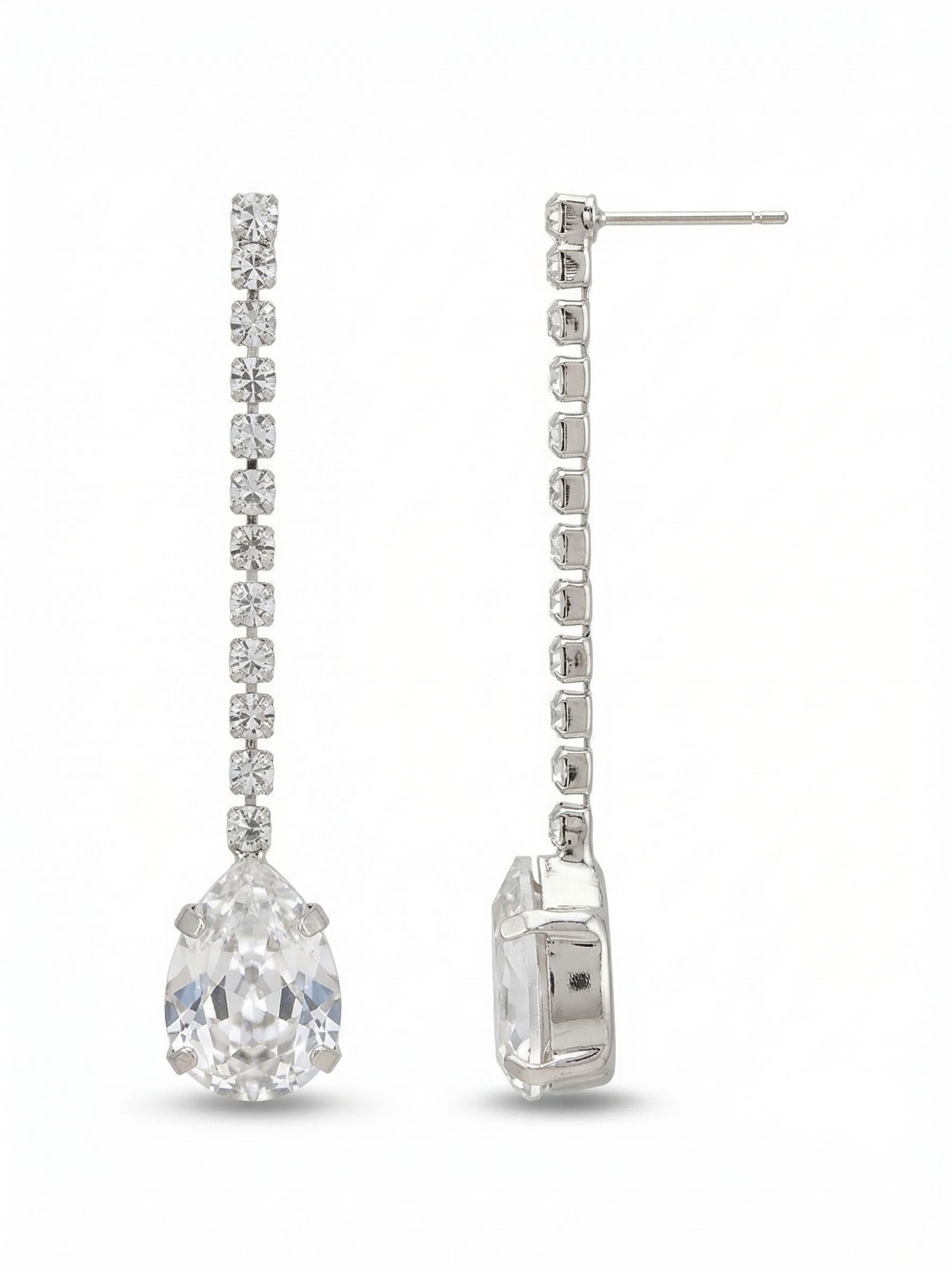 Dianna Dangle Earrings - 4EFS4PDCRY - <p>A slender line of articulated rhinestone chain drops straight from the post, ending in a substantial pear-cut crystal. Because of the generous length and flexible construction, this earring moves with a deliberate swing, catching light continuously as you walk. The large bottom stone gives the drop a satisfying weight without pulling, while an oversized comfort clutch keeps the post firmly secured. It brings a clean, linear brilliance to a sharp blazer or a soft silk blouse.</p><ul>
<li>Flexible linear design that sways gently with movement</li>
<li>Substantial pear-cut crystal anchors the slender silhouette</li>
<li>Post with oversized comfort-clutch back</li>
<li>Protective e-coat finish for lasting wear</li>
<li>Includes signature organza pouch for gifting and travel</li>
</ul>