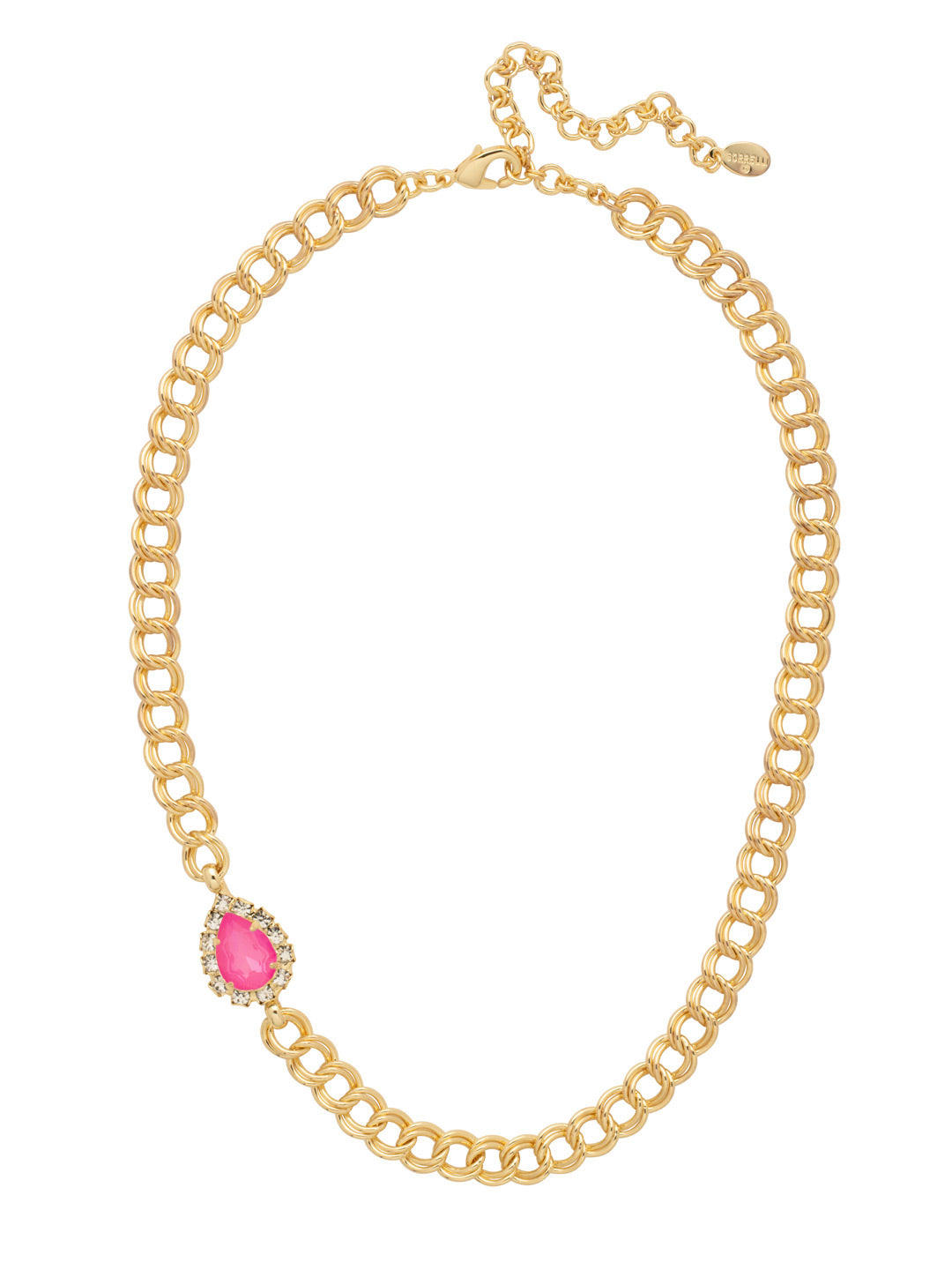 Mallory Tennis Necklace - 4NET2BGETP - <p>All eyes will be on you when you wear the Mallory Tennis Necklace. Double looped links of metal are the foundation for a statement pear-shaped sparkling crystal rimmed in extra gems to make it extra-special. (16-20 inches) From Sorrelli's Electric Pink collection in our Bright Gold-tone finish.</p>