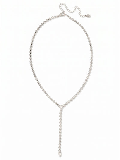 Lena Lariat Long Necklace - 4NFC14PDCRY - <p>A fluid line of continuous crystals meets at a sharp trillion-cut junction before releasing into a weighted pear-cut drop. This lariat traces a lengthening path down the collar, catching light with every subtle shift in posture. The flexible rhinestone chain drapes easily, settling right where you need it with an adjustable extension. It reads as a quiet focal point layered over silk or an open button-down, anchoring your neckline with clean geometry and deliberate movement.</p><ul>
<li>Continuous rhinestone chain construction for fluid drape and movement</li>
<li>Trillion and pear-cut focal points anchor the linear drop</li>
<li>Lobster claw clasp</li>
<li>4-inch adjustable extension chain</li>
<li>Protective e-coat finish for lasting wear</li>
<li>Includes signature organza pouch for gifting and travel</li>
</ul>