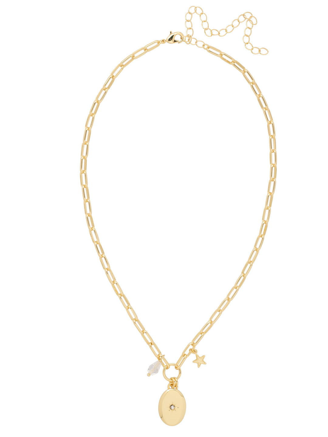 Charmed Pendant Necklace - 4NFJ5BGCRY - <p>The Charmed Pendant Necklace features an oval disk pendant engraved with a crystal embellished star. Attached on either side of the pendant is a clear bead charm and a metal star charm. From Sorrelli's Crystal collection in our Bright Gold-tone finish.</p>