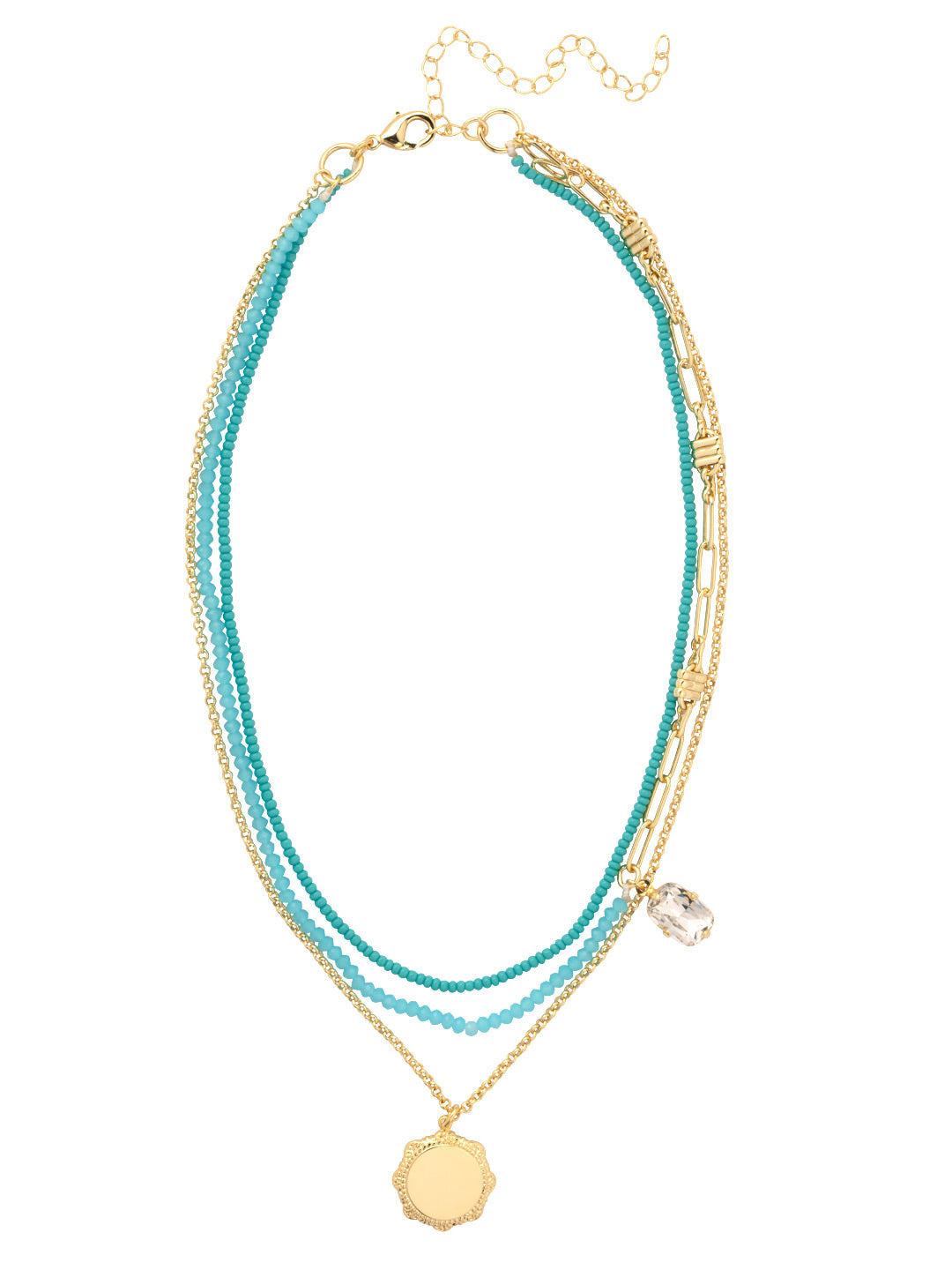 Pura Layered Necklace - 4NFJ7BGTQ - <p>The Pura Layered Necklace features beaded layers, a crystal accent, and a metal disk pendant dangling from a chain, secured by a lobster claw clasp. From Sorrelli's Turquoise collection in our Bright Gold-tone finish.</p>