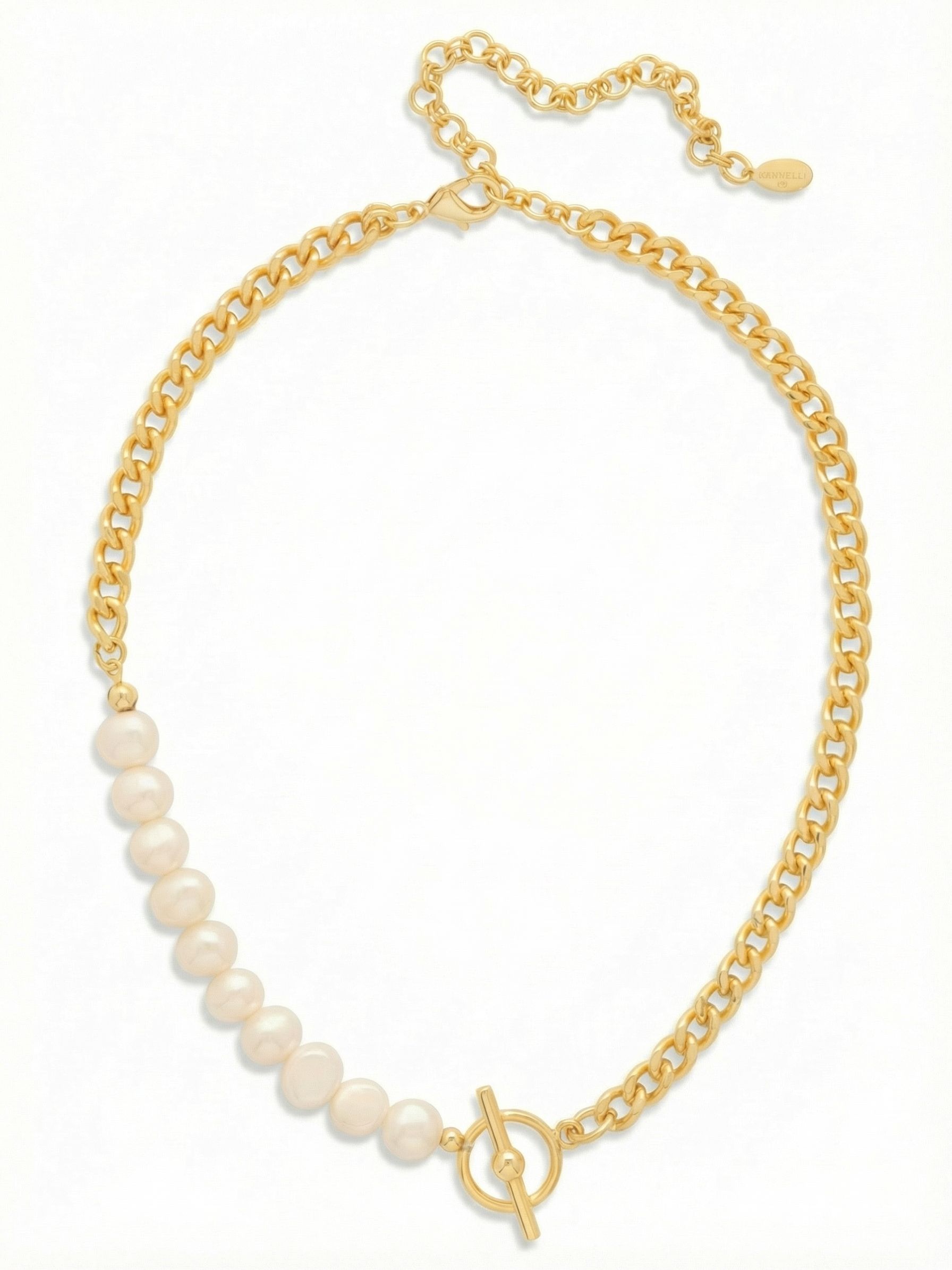 Perla Tennis Necklace - 4NGB4BGMDP - <p>An unexpected take on the classic pearl strand. Ten substantial white baroque pearls rest along one side of the collarbone, meeting a bright gold-tone cable chain on the other. The asymmetrical halves join at the center front with a bold ring and bar detail subtly accented by small crystals. The mixed materials drape naturally at the neckline, anchored by the front focal weight. An included extension chain allows you to tailor the drop precisely to your collar.</p><ul>
<li>Asymmetrical silhouette pairing baroque pearls with a chunky cable chain</li>
<li>Front focal ring and bar detail with subtle crystal accents</li>
<li>Lobster claw clasp</li>
<li>4-inch adjustable extension chain</li>
<li>Protective e-coat finish for lasting wear</li>
<li>Includes signature organza pouch for gifting and travel</li>
</ul>