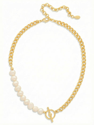 Perla Tennis Necklace - 4NGB4BGMDP - <p>An unexpected take on the classic pearl strand. Ten substantial white baroque pearls rest along one side of the collarbone, meeting a bright gold-tone cable chain on the other. The asymmetrical halves join at the center front with a bold ring and bar detail subtly accented by small crystals. The mixed materials drape naturally at the neckline, anchored by the front focal weight. An included extension chain allows you to tailor the drop precisely to your collar.</p><ul>
<li>Asymmetrical silhouette pairing baroque pearls with a chunky cable chain</li>
<li>Front focal ring and bar detail with subtle crystal accents</li>
<li>Lobster claw clasp</li>
<li>4-inch adjustable extension chain</li>
<li>Protective e-coat finish for lasting wear</li>
<li>Includes signature organza pouch for gifting and travel</li>
</ul>