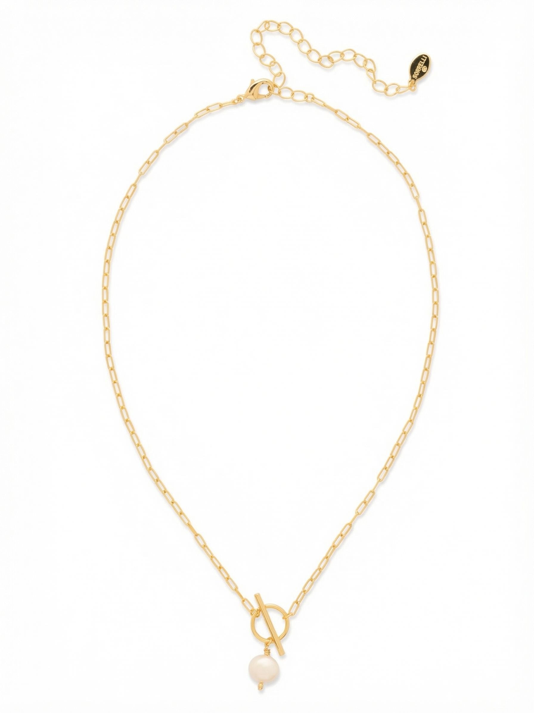 Pearl Toggle Pendant Necklace - 4NGE5BGMDP - <p>A fine paperclip chain leads down to a focal point at the collarbone, anchored by a clean ring and bar. From this modern detail drops a single smooth white pearl, bringing just enough weight to create a satisfying drape and gentle movement. The open links catch the light as you move through your day. Complete with an adjustable chain, it lets you place the pendant exactly where you want it depending on your neckline or your layering plans.</p><ul>
<li>Open paperclip chain links create a lightweight modern feel</li>
<li>Decorative front toggle detail anchors the single pearl drop</li>
<li>Lobster claw clasp</li>
<li>4-inch adjustable extension chain</li>
<li>Protective e-coat finish for lasting wear</li>
<li>Includes signature organza pouch for gifting and travel</li>
</ul>