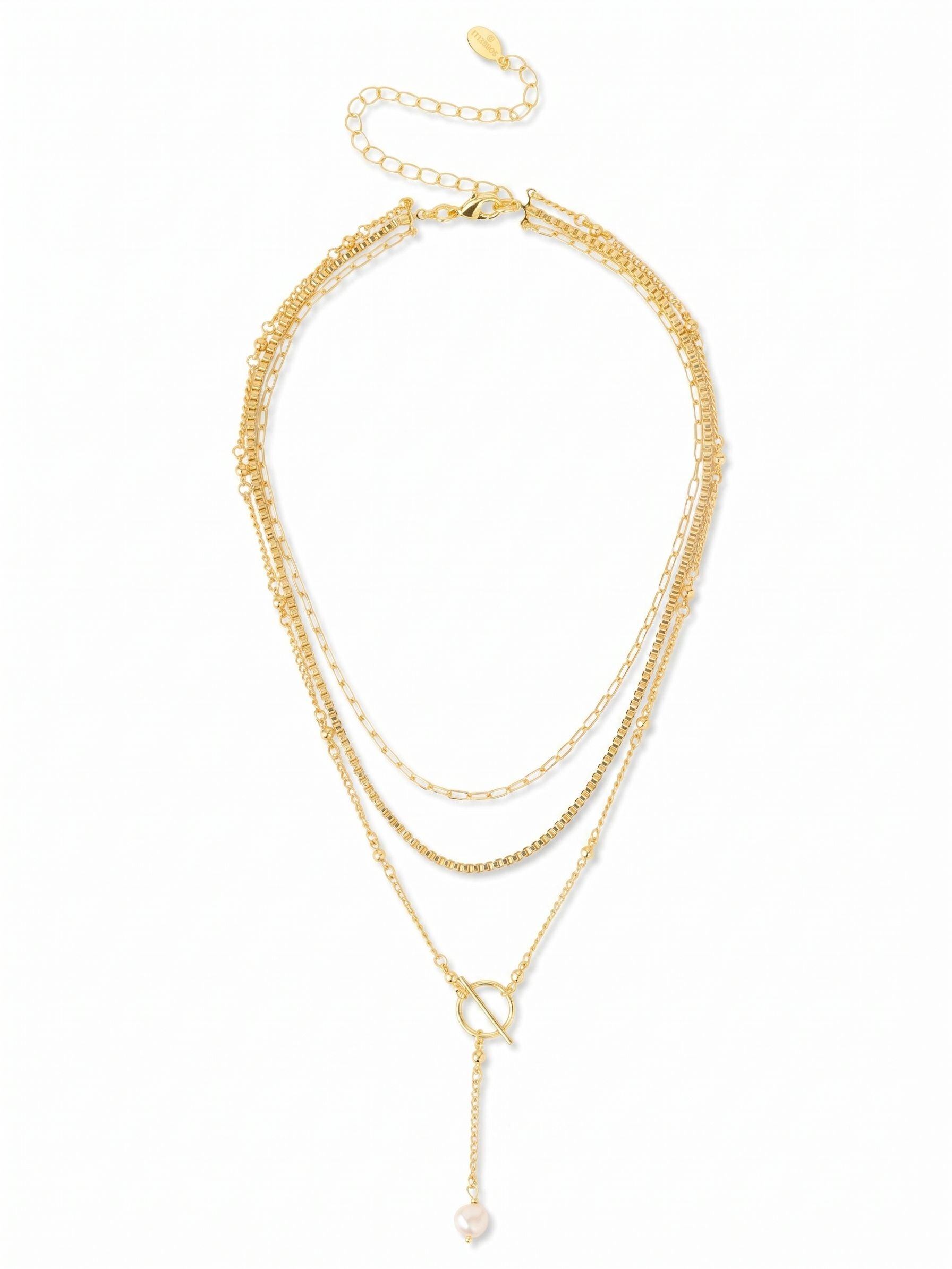 Bela Layered Necklace - 4NGK1BGMDP - <p>A single white baroque pearl brings an organic softness to the bright gold finish of this pendant. Resting near the collarbone, the pearl is suspended on an interplay of classic cable and structured box chains that catch the light differently as you move. The short length sits high on the neckline, while the included extension chain lets you adjust the drop to suit your layers. It brings a quiet polish to whatever you happen to be wearing.</p><ul>
<li>Single baroque pearl focal point with an organic shape</li>
<li>Contrasting mix of structured box and classic cable chains</li>
<li>Lobster claw clasp</li>
<li>4-inch adjustable extension chain</li>
<li>Protective e-coat finish for lasting wear</li>
<li>Includes signature organza pouch for gifting and travel</li>
</ul>