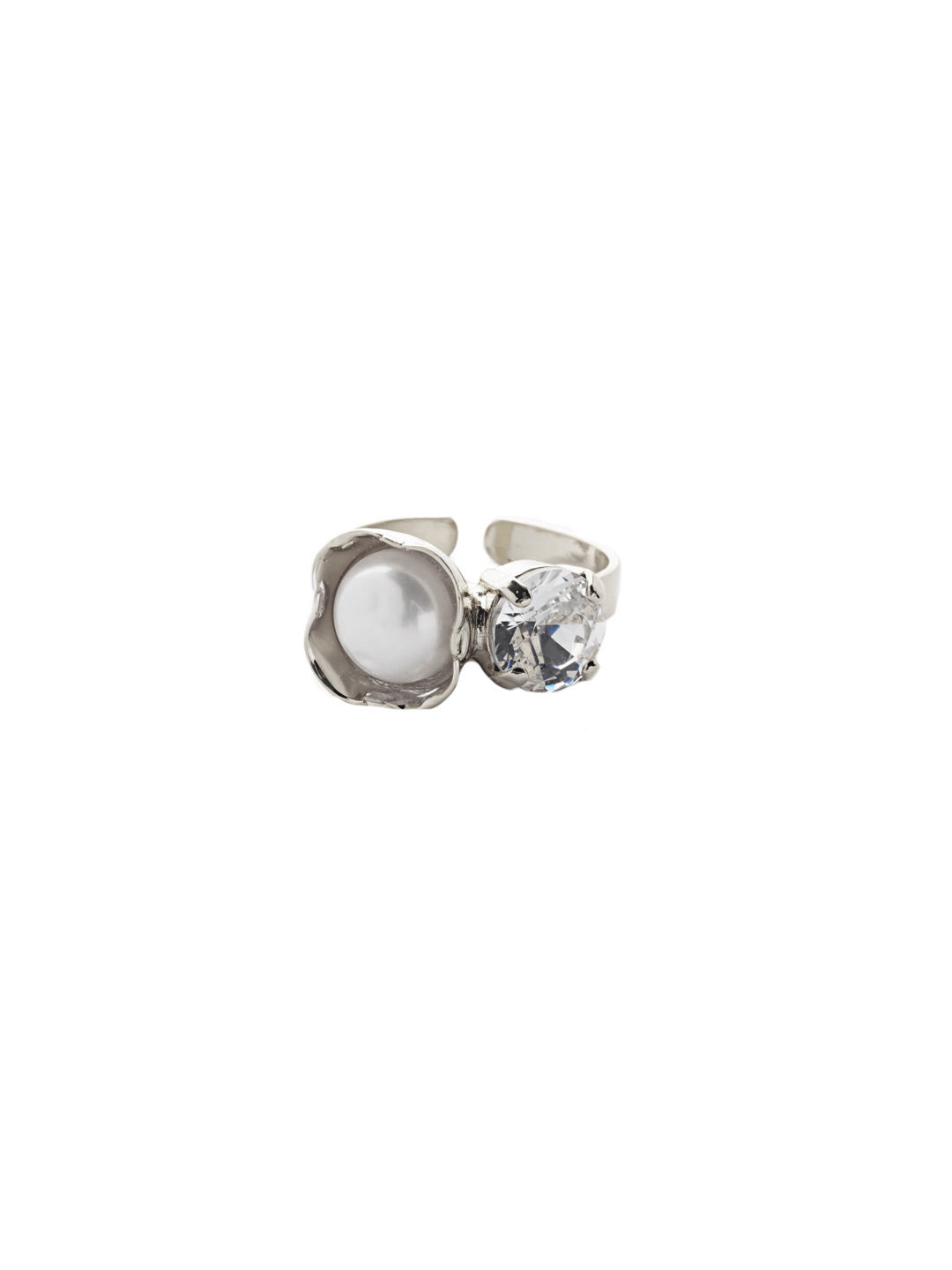 Kaylee Cocktail Ring - 4REV8PDMDP - <p>The Kaylee Cocktail Ring makes a big statement; a freshwater pearl nestled in a ruffle of metal sits beside a single sparkling crystal, both secured on an adjustable band. Adjustable to fit ring sizes 6-8. From Sorrelli's Modern Pearl collection in our Palladium finish.</p>