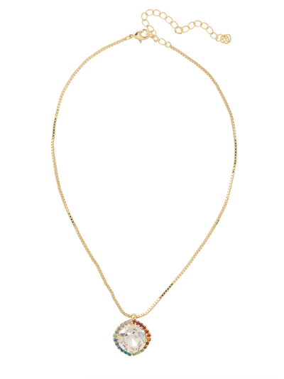 Gelia Pendant Necklace - 8NA2BGPRI - <p>A single halo set round clear crystal hangs from a sturdy box chain closed by a small lobster claw. From Sorrelli's Prism collection in our Bright Gold-tone finish.</p>