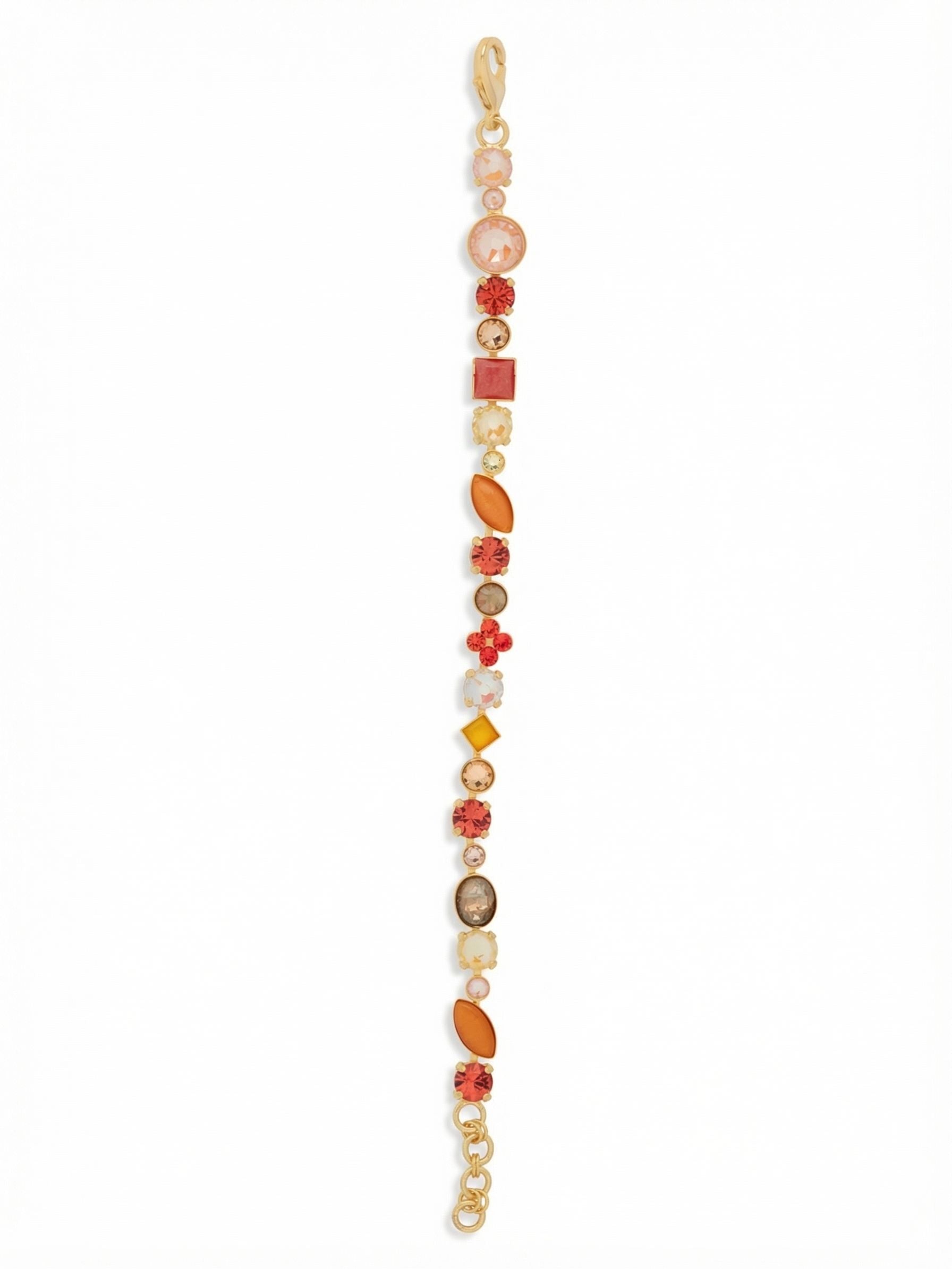 Crystal and Cabochon Tennis Bracelet - BAQ3BGMOR - <p>This tennis bracelet builds an unbroken sequence of warm sunset tones, contrasting faceted crystals with the smooth surface of salmon jade and orange cat's eye. The fourteen different stone varieties create an unpredictable rhythm of round, square, and marquise shapes that catch the light from every angle as your hand moves. An integrated extension chain allows you to dial in your preferred length, keeping the continuous line of color exactly where you want it all day.</p><ul>
<li>Eclectic sequence of fourteen distinct stone varieties</li>
<li>Contrasting textures of faceted glass and smooth opaque cabochons</li>
<li>Lobster claw clasp</li>
<li>3/4-inch adjustable extension chain</li>
<li>Protective e-coat finish for lasting wear</li>
<li>Includes signature organza pouch for gifting and travel</li>
</ul>
