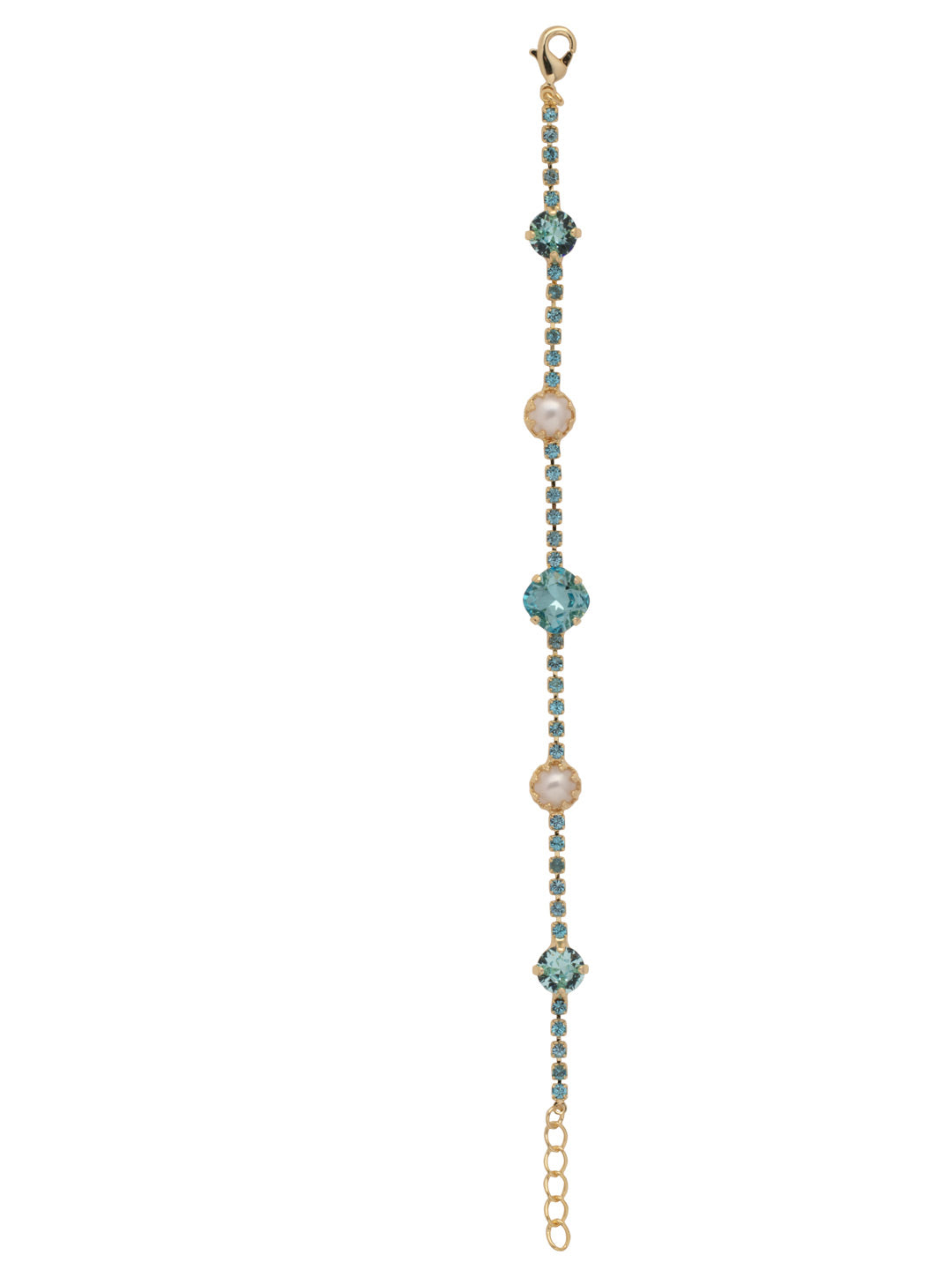 Caterina Tennis Bracelet - BES11BGAQU - <p>The Caterina Tennis Bracelet is a stylishly symmetrical piece, dotted with fashionable freshwater pearls and an iredescent crystal at its center. From Sorrelli's Aquamarine collection in our Bright Gold-tone finish.</p>
