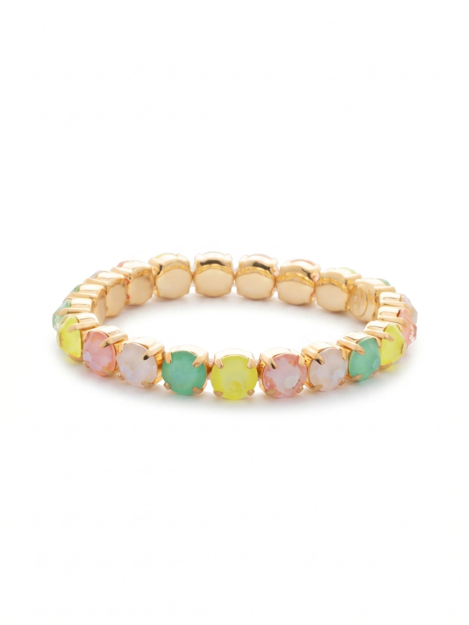 7 inch Sienna Stretch Bracelet - BFD50BGMAM - <p>A seamless circle of vibrant, citrus-toned crystals that slides effortlessly over your hand. The stretch design eliminates the need for clasps, giving you an unbroken line of color that flexes easily with your everyday movements. Large round stones in shades of peach, mint, and electric yellow catch the light from every angle. It holds enough presence to be worn alone but pairs readily with your favorite gold chains for a more layered approach to daily wear.</p><ul>
<li>Alternating pastel and bright round crystals create a continuous rhythm of color</li>
<li>Flexible base expands to slip effortlessly over the hand</li>
<li>Stretch easy slip-on design</li>
<li>Protective e-coat finish for lasting wear</li>
<li>Includes signature organza pouch for gifting and travel</li>
</ul>