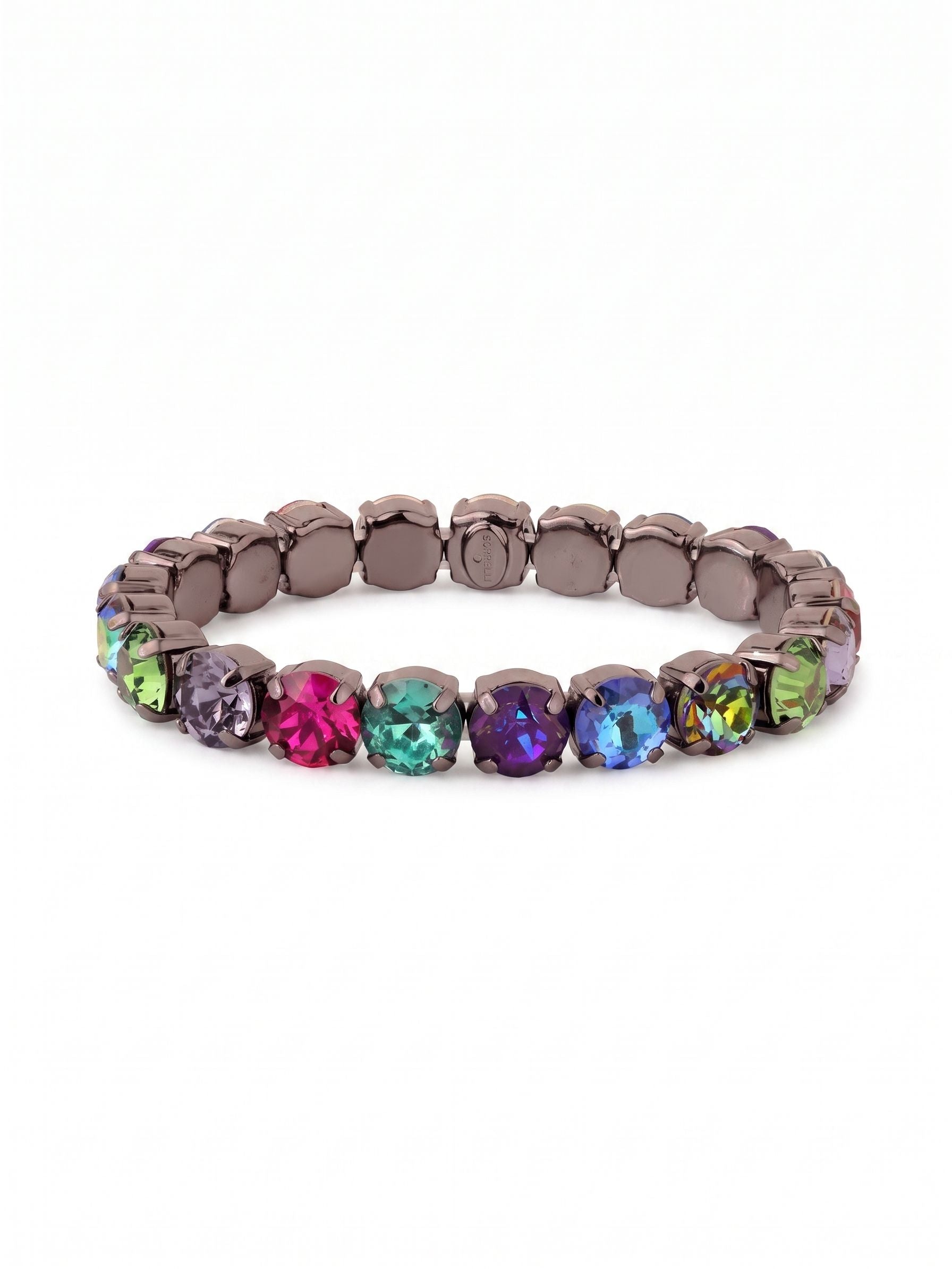 7 inch Sienna Stretch Bracelet - BFD50GMNNI - <p>A rich spectrum of round-cut crystals circles the wrist in an unbroken ring of deep jewel tones. The stretch design allows you to roll this piece effortlessly over your hand, skipping the fuss of a clasp entirely. Set in dark metal, the vibrant fuchsia, deep tanzanite, and vivid emerald hues catch the light with every gesture. It holds enough presence to anchor a stack, yet feels substantial and complete worn all on its own.</p><ul>
<li>Repeating sequence of large round-cut crystals in a vibrant jewel-toned palette</li>
<li>Unbroken circular design offering high visual impact from every angle</li>
<li>Stretch easy slip-on design</li>
<li>Includes signature organza pouch for gifting and travel</li>
</ul>