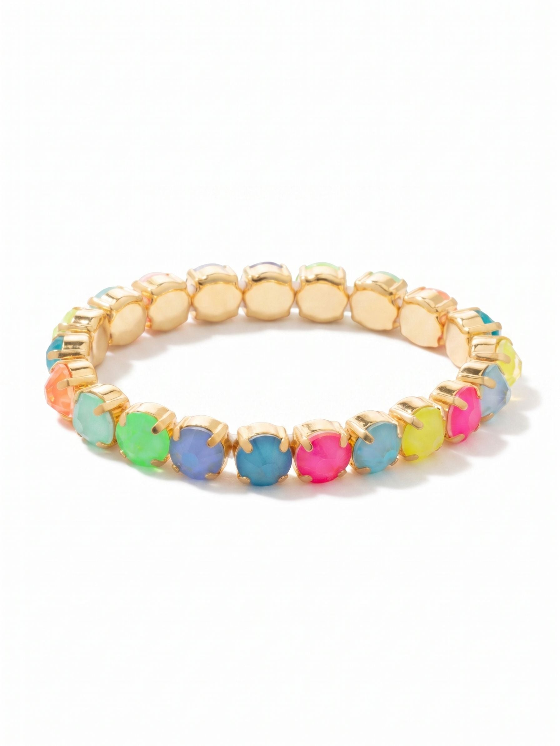 8 inch Sienna Stretch Bracelet - BFD60BGCCA - <p>Saturated electric hues meet easy, clasp-free wear. This flexible bracelet rolls right over your hand, expanding to a comfortable fit that moves naturally with your wrist. A continuous row of vibrant round crystals provides an instant dose of color to a simple sleeve. Wear it on its own as a bright focal point, or mix it into a layered stack of gold chains and chunky cuffs for a highly textured look.</p><ul>
<li>Unbroken line of round-cut crystals in a vibrant, candy-colored spectrum</li>
<li>Flexible framework yields easily to roll right onto the hand</li>
<li>Stretch easy slip-on design</li>
<li>Protective e-coat finish for lasting wear</li>
<li>Includes signature organza pouch for gifting and travel</li>
</ul>
