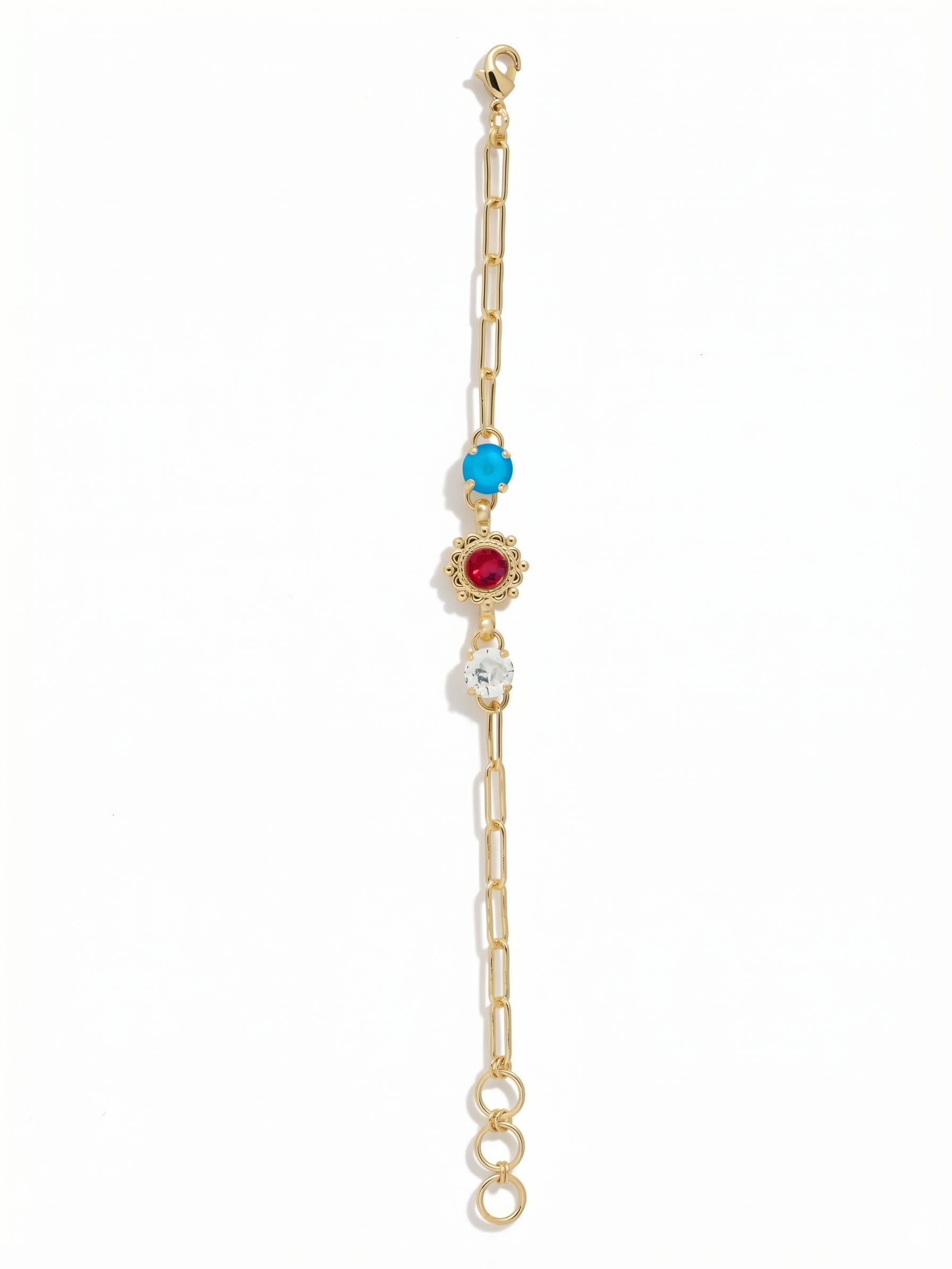 Forsythia Tennis Bracelet - BFE1BGUSA - <p>The Forsythia Tennis Bracelet features a crystal embellished scalloped edge charm in the middle of a trendy, adjustable paperclip chain with two crystal studs on either end. A delicate semi-precious floral charm dangles from the end ring links, with a lobster claw clasp closure.</p>