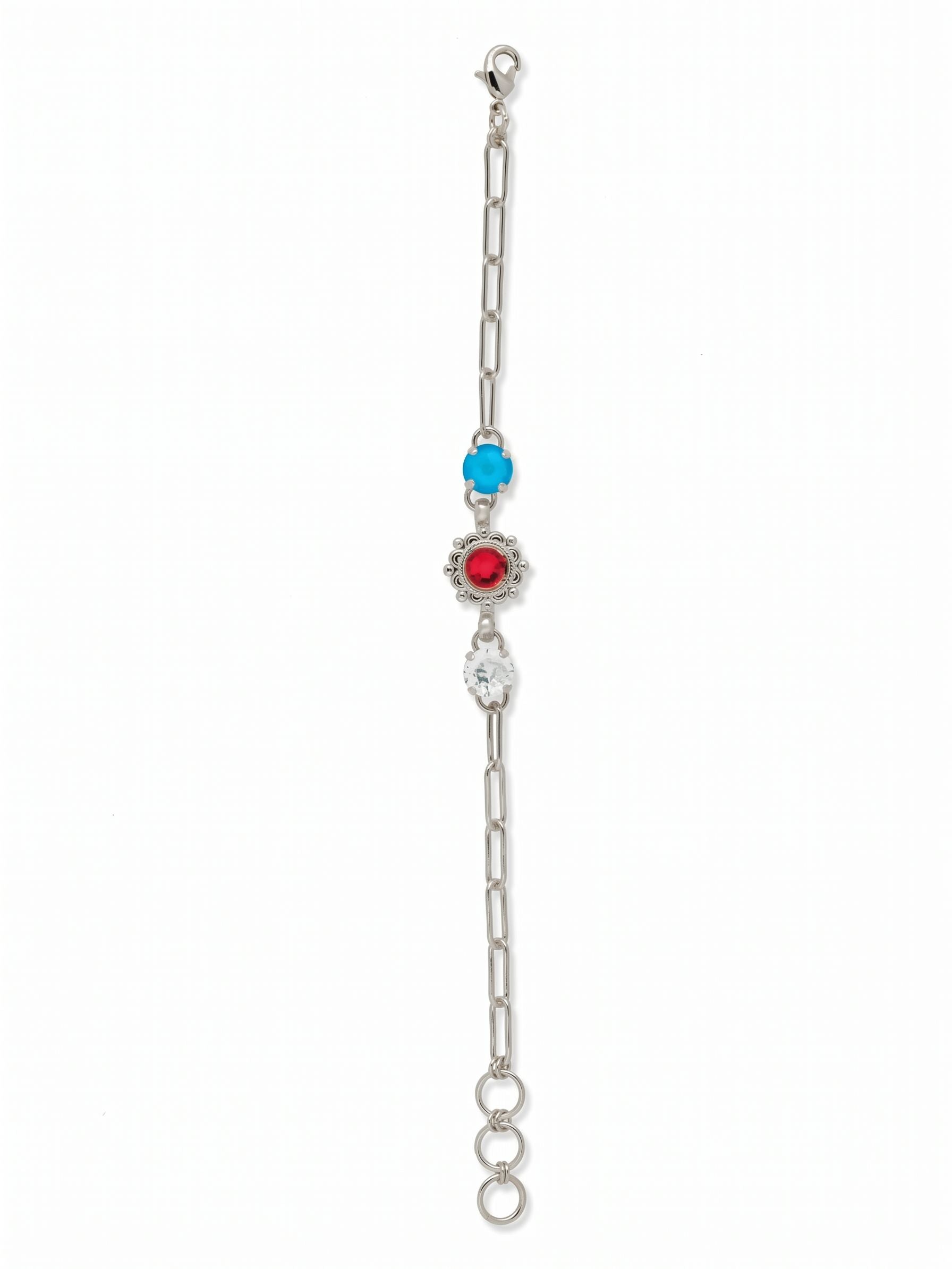 Forsythia Tennis Bracelet - BFE1PDUSA - <p>The Forsythia Tennis Bracelet features a crystal embellished scalloped edge charm in the middle of a trendy, adjustable paperclip chain with two crystal studs on either end. A delicate semi-precious floral charm dangles from the end ring links, with a lobster claw clasp closure.</p>