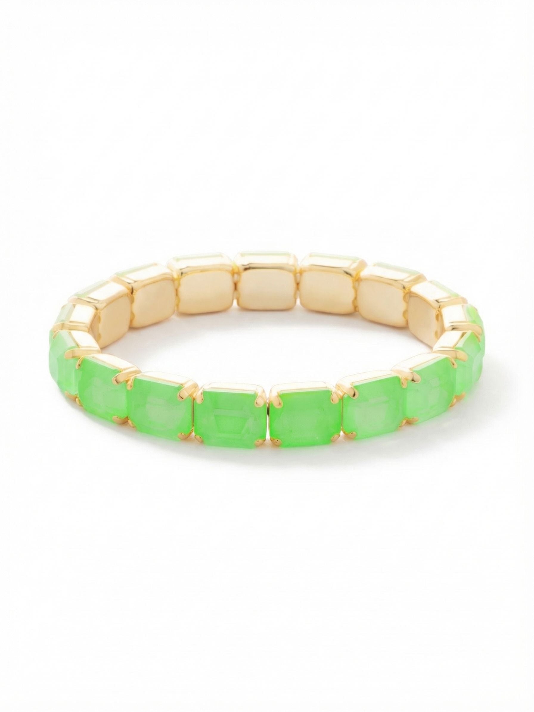 7 Inch Easton Emerald Cut Stretch Bracelet - BFS30BGETG - <p>A continuous line of emerald-cut crystals creates a bold ribbon of electric green. The stretch design slips over the hand in one motion, adapting to your wrist without the need to maneuver a clasp. Bright gold-tone settings frame each faceted stone, giving the vibrant color a warm, polished edge. It layers easily with your daily metals or stands alone as a focused strike of color that moves fluidly through your day.</p><ul>
<li>Continuous line of uniform emerald-cut crystals</li>
<li>Flexible stretch construction for simple slip-on wear</li>
<li>Stretch easy slip-on design</li>
<li>Protective e-coat finish for lasting wear</li>
<li>Includes signature organza pouch for gifting and travel</li>
</ul>