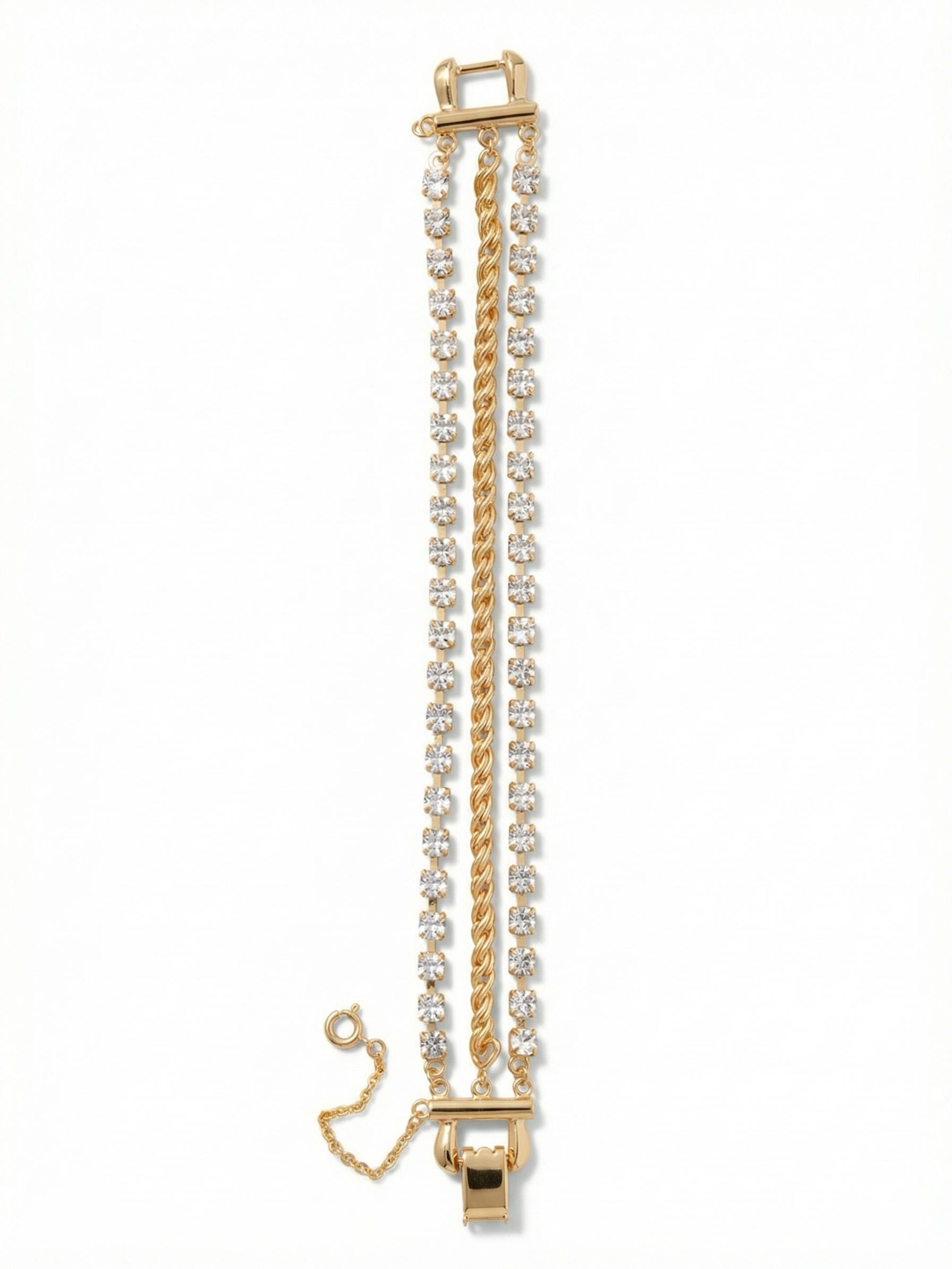 Crystal Rope Chain Layered Tennis Bracelet - BFS3BGCRY - <p>Two lines of clear crystals frame a central twisted rope chain, delivering the layered look of a curated stack in one piece. The structural end bars hold all three strands perfectly parallel, eliminating the twist and tangle that usually comes with wearing multiple bracelets. The contrast between the brilliant faceted stones and the textured metallic rope creates constant visual interest as your wrist moves through the day.</p><ul>
<li>Three-strand design merges classic crystal tennis chains with metallic rope</li>
<li>Structural end bars maintain parallel alignment to prevent tangling</li>
<li>Protective e-coat finish for lasting wear</li>
<li>Includes signature organza pouch for gifting and travel</li>
</ul>