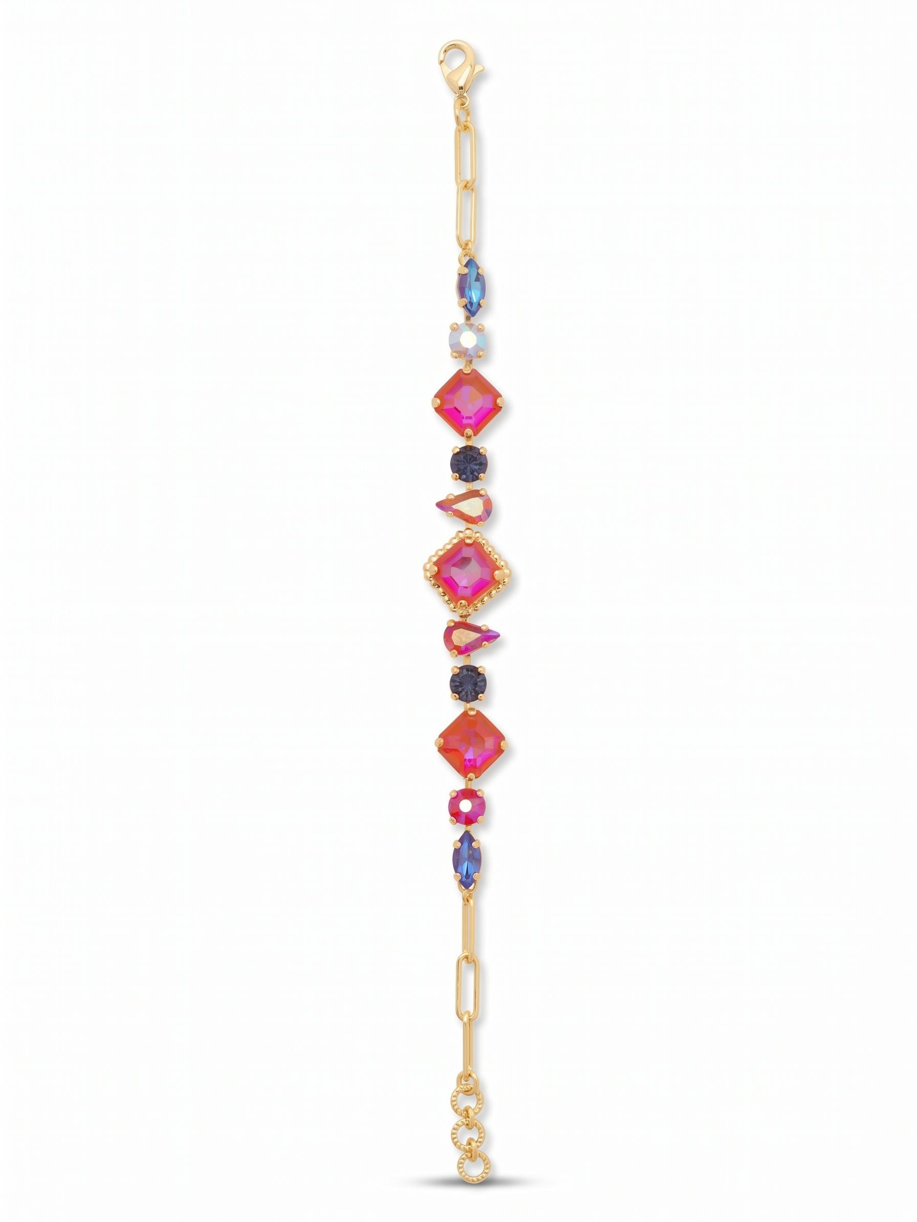 Izzy Tennis Bracelet - BFY40BGREV - <p>The Izzy Tennis Bracelet features imperial fancy square, round, and pear cut crystals on an adjustable paperclip chain, secured with a lobster claw clasp. From Sorrelli's Red Velvet collection in our Bright Gold-tone finish.</p>