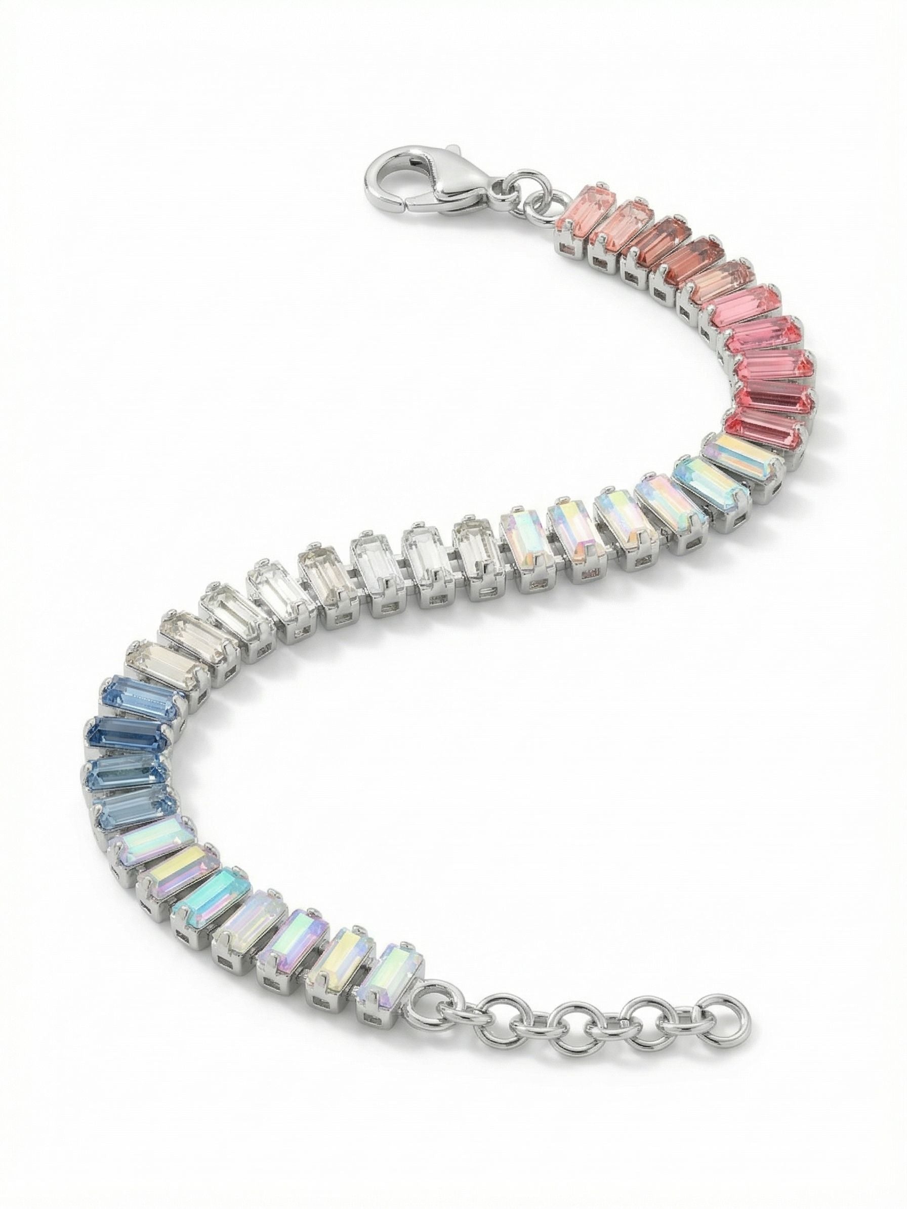 Bianca Tennis Bracelet - BFY55PDPBZ - <p>Slim baguette crystals form a continuous line of color, shifting gently from soft rose through crystal aurora borealis and into cool sapphire hues. The step-cut faceting provides a clean, linear flash of light as your wrist moves. Built on a highly flexible channel chain, this piece drapes with a liquid ease. An integrated extension chain lets you find the exact right fit, whether you wear it closely tailored or layered loosely with other favorites.</p><ul>
<li>Seamless gradient transitions from warm pink to cool sapphire</li>
<li>Architectural baguette-cut crystals cast sharp linear reflections</li>
<li>Lobster claw clasp</li>
<li>3/4-inch adjustable extension chain</li>
<li>Protective e-coat finish for lasting wear</li>
<li>Includes signature organza pouch for gifting and travel</li>
</ul>