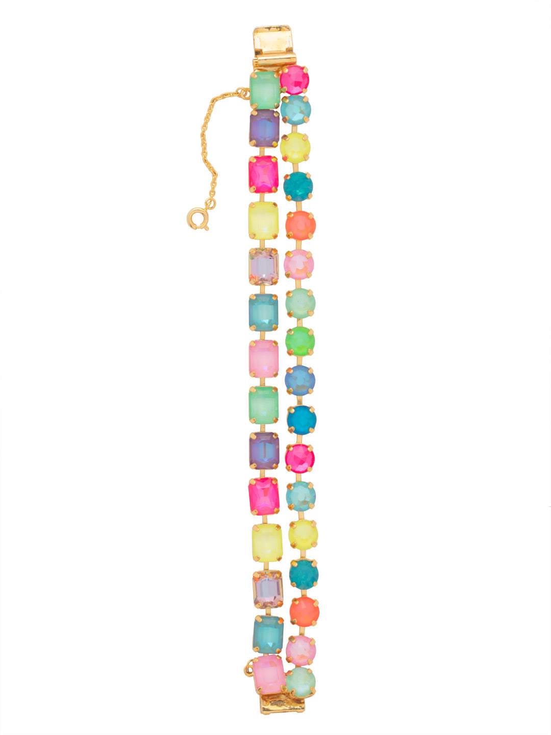 Marci Tennis Bracelet - BFZ2BGCCA - <p>The Marci Tennis features a line of emerald-cut crystals and line of round-cut crystals layered as one bracelet. The box clasp with safetly chain ensures an easy and sucure fit. From Sorrelli's Candy Carnival collection in our Bright Gold-tone finish.</p>