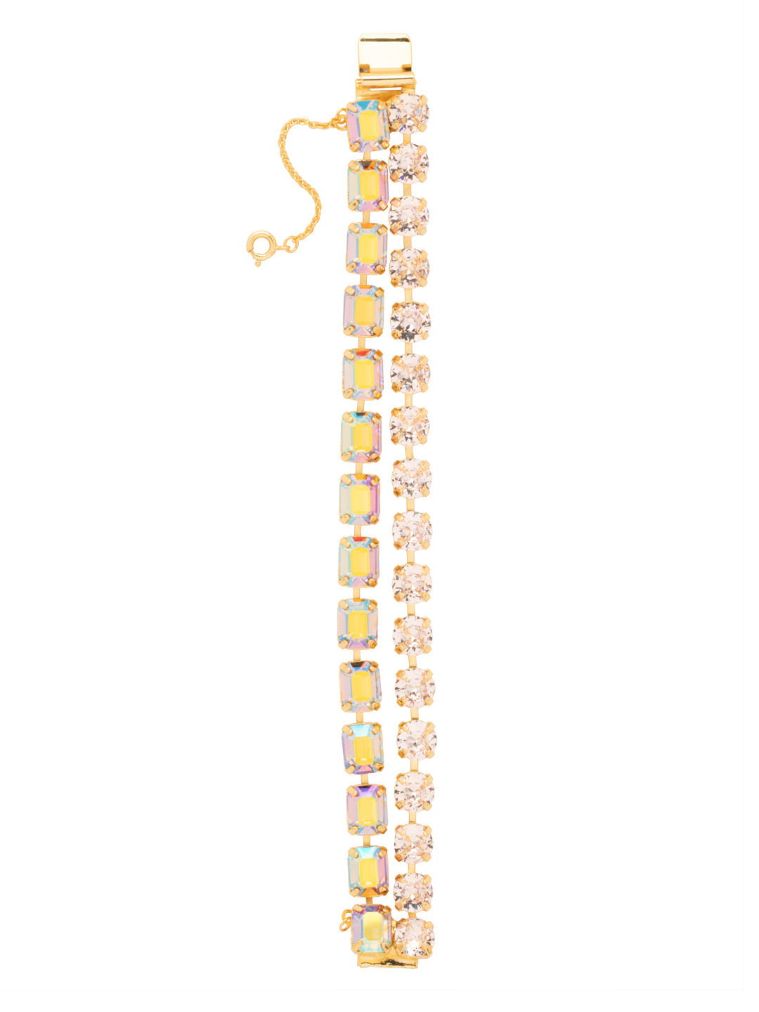 Marci Tennis Bracelet - BFZ2BGCHA - <p>The Marci Tennis features a line of emerald-cut crystals and line of round-cut crystals layered as one bracelet. The box clasp with safetly chain ensures an easy and sucure fit. From Sorrelli's Chai Latte collection in our Bright Gold-tone finish.</p>