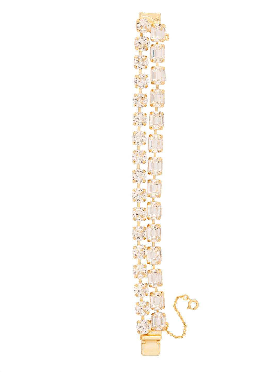 Marci Tennis Bracelet - BFZ2BGCRY - <p>The Marci Tennis features a line of emerald-cut crystals and line of round-cut crystals layered as one bracelet. The box clasp with safetly chain ensures an easy and sucure fit. From Sorrelli's Crystal collection in our Bright Gold-tone finish.</p>