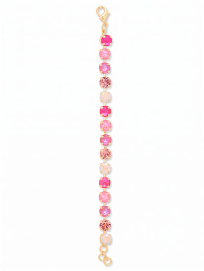 Sienna Tennis Bracelet - BGA2BGPIN - <p>A gradient of vibrant pinks and iridescent crystals creates a subtle rhythm in motion. Built on a flexible kette chain, the round-cut stones transition through electric pinks to soft aurora borealis, catching the light with every gesture. The bright golden setting brings warmth to the varied crystal coatings. Finished with an adjustable extension chain for an exacting fit, this piece adds a precise wash of color that layers easily alongside a daily watch or stands quietly on its own.</p><ul>
<li>Repeating pattern of five distinct pink and iridescent crystal varieties</li>
<li>Fluid kette chain construction that conforms naturally to your movements</li>
<li>Lobster claw clasp</li>
<li>3/4-inch adjustable extension chain</li>
<li>Protective e-coat finish for lasting wear</li>
<li>Includes organza pouch for gifting and travel</li>
</ul>