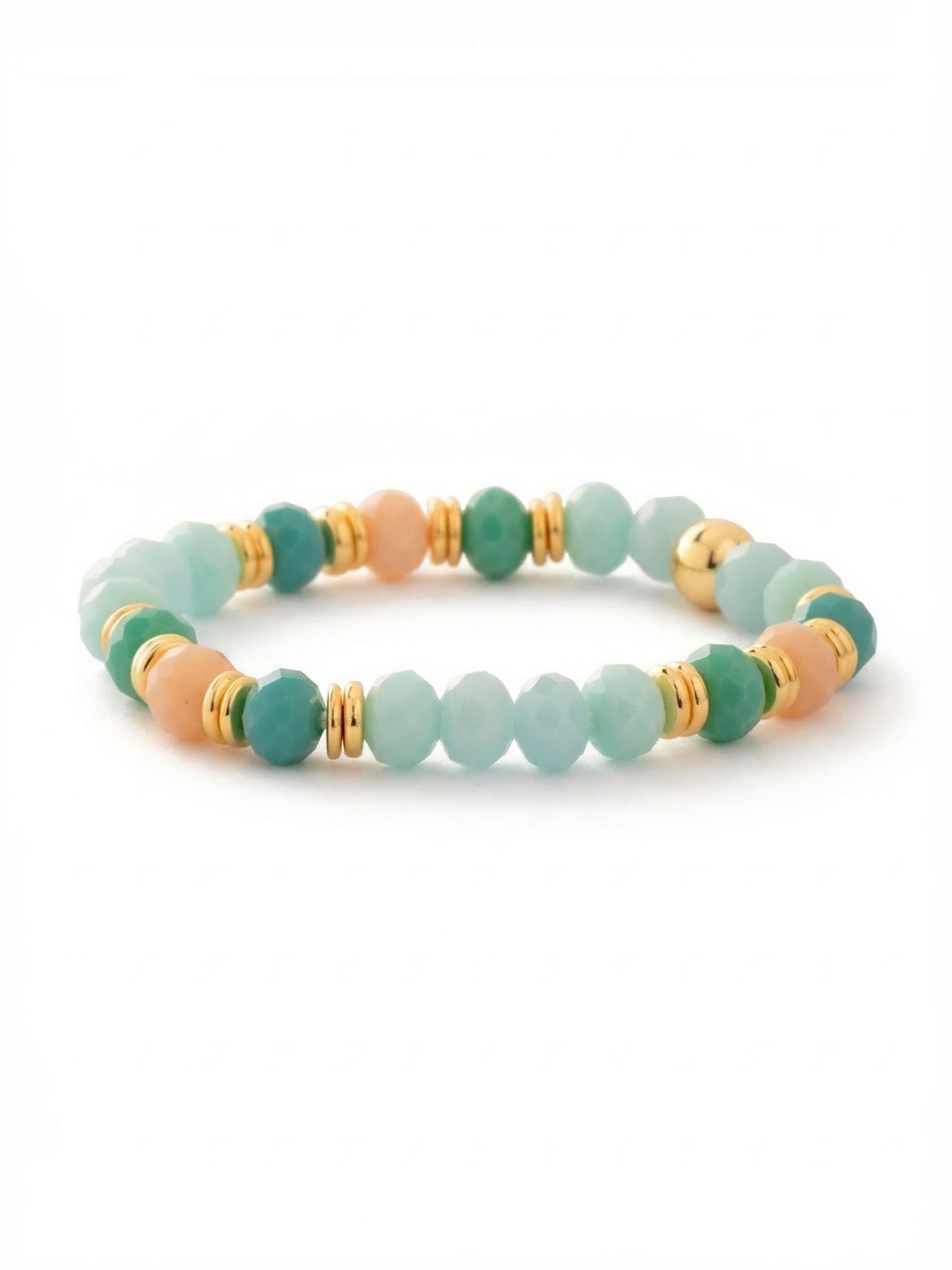 Asbury Beaded Stretch Bracelet - BGE2BGCSD - <p>Faceted beads in seafoam greens, bright turquoise, and warm dusty pink capture the easy rhythm of summer days. The translucent and opaque stones catch the light subtly as you move. Bright gold-tone spacers and a single polished sphere add structure to the continuous loop. Designed to slide easily over your hand without fumbling with a clasp, this piece layers effortlessly into your daily bracelet rotation, bringing a quiet wash of color to your casual wear.</p><ul>
<li>Faceted opaque and translucent beads separated by ridged metallic spacers</li>
<li>Alternating coastal color palette built for seamless layering</li>
<li>Stretch easy slip-on design</li>
<li>Protective e-coat finish for lasting wear</li>
<li>Includes signature organza pouch for gifting and travel</li>
</ul>