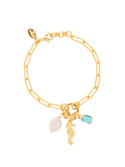 Seahorse Charm Tennis Bracelet - BGE5BGCSD - <p>The Seahorse Charm Tennis Bracelet features a freshwater pearl, seahorse, and emerald-cut crystal charm on an adjustable paperclip chain, secured by a lobster claw clasp. From Sorrelli's Coastal Dreams collection in our Bright Gold-tone finish.</p>