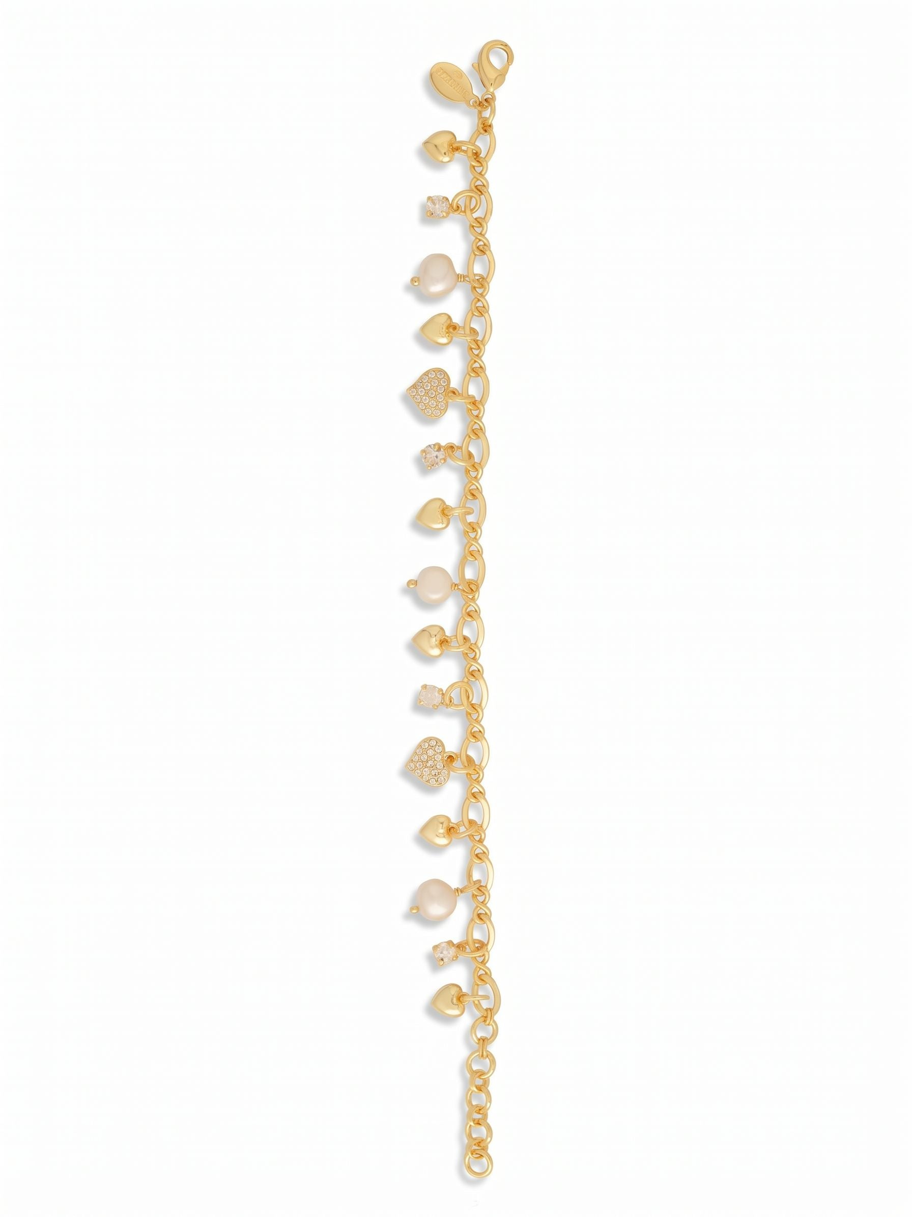 Heart & Pearl Charm Tennis Bracelet - BGF2BGCRY - <p>Suspended from a bright curb chain, an alternating sequence of baroque pearls, smooth metal hearts, and pave-set crystal charms creates constant, fluid movement. Every gesture catches the light differently as the round-cut crystals and pearls shift and sway. The asymmetrical mix of organic pearl shapes and structured hearts brings a nuanced texture to your daily jewelry rotation. An included extension chain allows you to adjust the drape exactly where you want it.</p><ul>
<li>Alternating charm design combining organic baroque pearls with precise pave-set crystals</li>
<li>Articulated curb chain allows each individual charm to swing and catch the light freely</li>
<li>Lobster claw clasp</li>
<li>3/4-inch adjustable extension chain</li>
<li>Protective e-coat finish for lasting wear</li>
<li>Includes signature organza pouch for gifting and travel</li>
</ul>