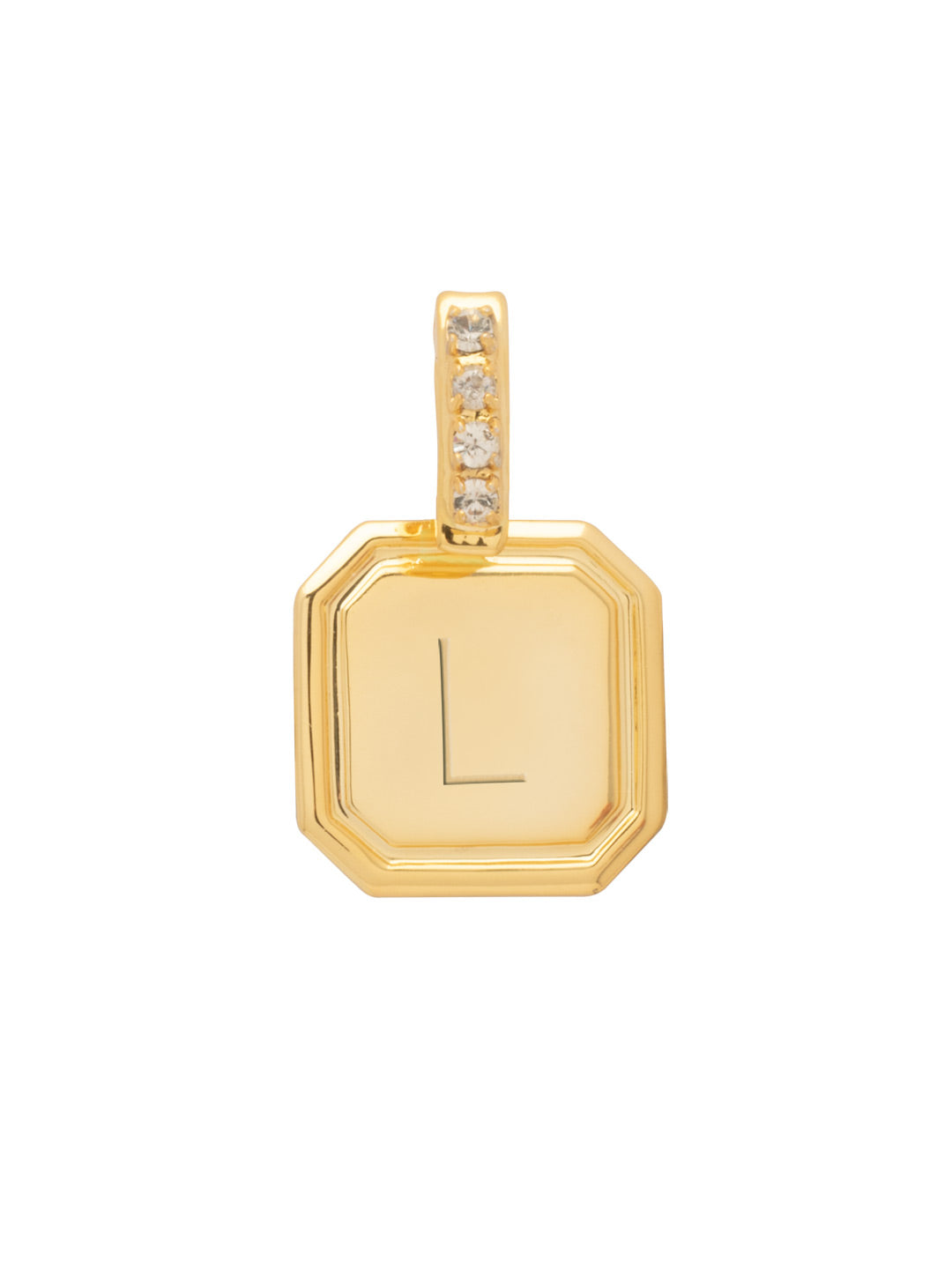 L Initial Charm - CFR21BGCRY - <p>Customize your vibe in seconds with this stamp-engraved initial charm, featuring a crystal-embellished clasp that easily folds open and closed. It’s the perfect versatile piece to clip onto your favorite chains for a quick dose of personality. From Sorrelli's Crystal collection in our Bright Gold-tone finish.</p>