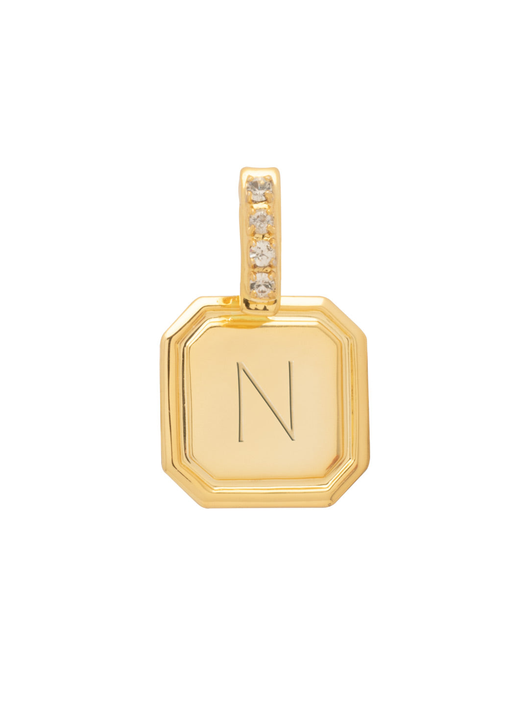 N Initial Charm - CFR23BGCRY - <p>Customize your vibe in seconds with this stamp-engraved initial charm, featuring a crystal-embellished clasp that easily folds open and closed. It’s the perfect versatile piece to clip onto your favorite chains for a quick dose of personality. From Sorrelli's Crystal collection in our Bright Gold-tone finish.</p>
