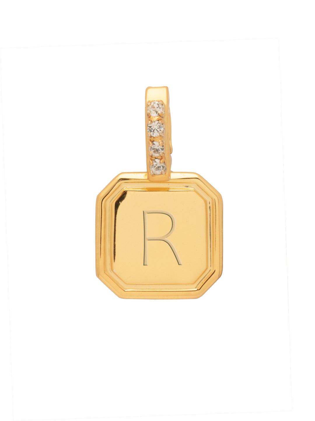 R Initial Charm - CFR27BGCRY - <p>Customize your vibe in seconds with this stamp-engraved initial charm, featuring a crystal-embellished clasp that easily folds open and closed. It’s the perfect versatile piece to clip onto your favorite chains for a quick dose of personality. From Sorrelli's Crystal collection in our Bright Gold-tone finish.</p>