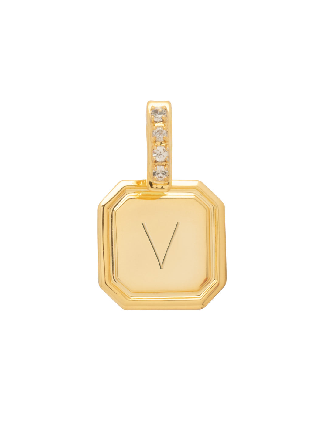 V Initial Charm - CFR31BGCRY - <p>Customize your vibe in seconds with this stamp-engraved initial charm, featuring a crystal-embellished clasp that easily folds open and closed. It’s the perfect versatile piece to clip onto your favorite chains for a quick dose of personality. From Sorrelli's Crystal collection in our Bright Gold-tone finish.</p>