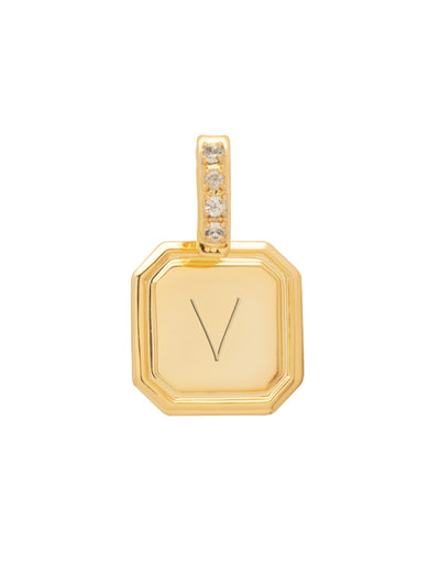 V Initial Charm - CFR31BGCRY - <p>Customize your vibe in seconds with this stamp-engraved initial charm, featuring a crystal-embellished clasp that easily folds open and closed. It’s the perfect versatile piece to clip onto your favorite chains for a quick dose of personality. From Sorrelli's Crystal collection in our Bright Gold-tone finish.</p>