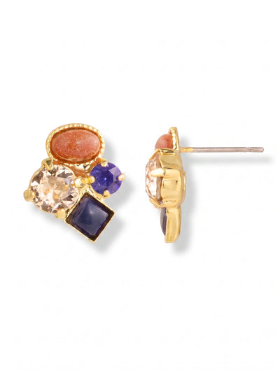 Small Cluster Stud Earring - EAT32BGDNM - <p>This asymmetrical cluster concentrates warmth and depth right at the ear. An earthy oval of browngoldstone anchors a mix of square-cut sodalite and round crystals in shifting shades of deep blue and soft champagne. The varied shapes catch the light differently from every angle, creating a rich texture that reads clearly across a table. Because cluster designs need a solid foundation, these rely on an oversized comfort clutch that holds the arrangement securely in place from morning until evening.</p><ul>
<li>Mixed geometric cuts create rich textural contrast in a compact footprint</li>
<li>Opaque and faceted stones alternate for varied light reflection</li>
<li>Post with oversized comfort-clutch back</li>
<li>Protective e-coat finish for lasting wear</li>
<li>Includes signature organza pouch for gifting and travel</li>
</ul>
