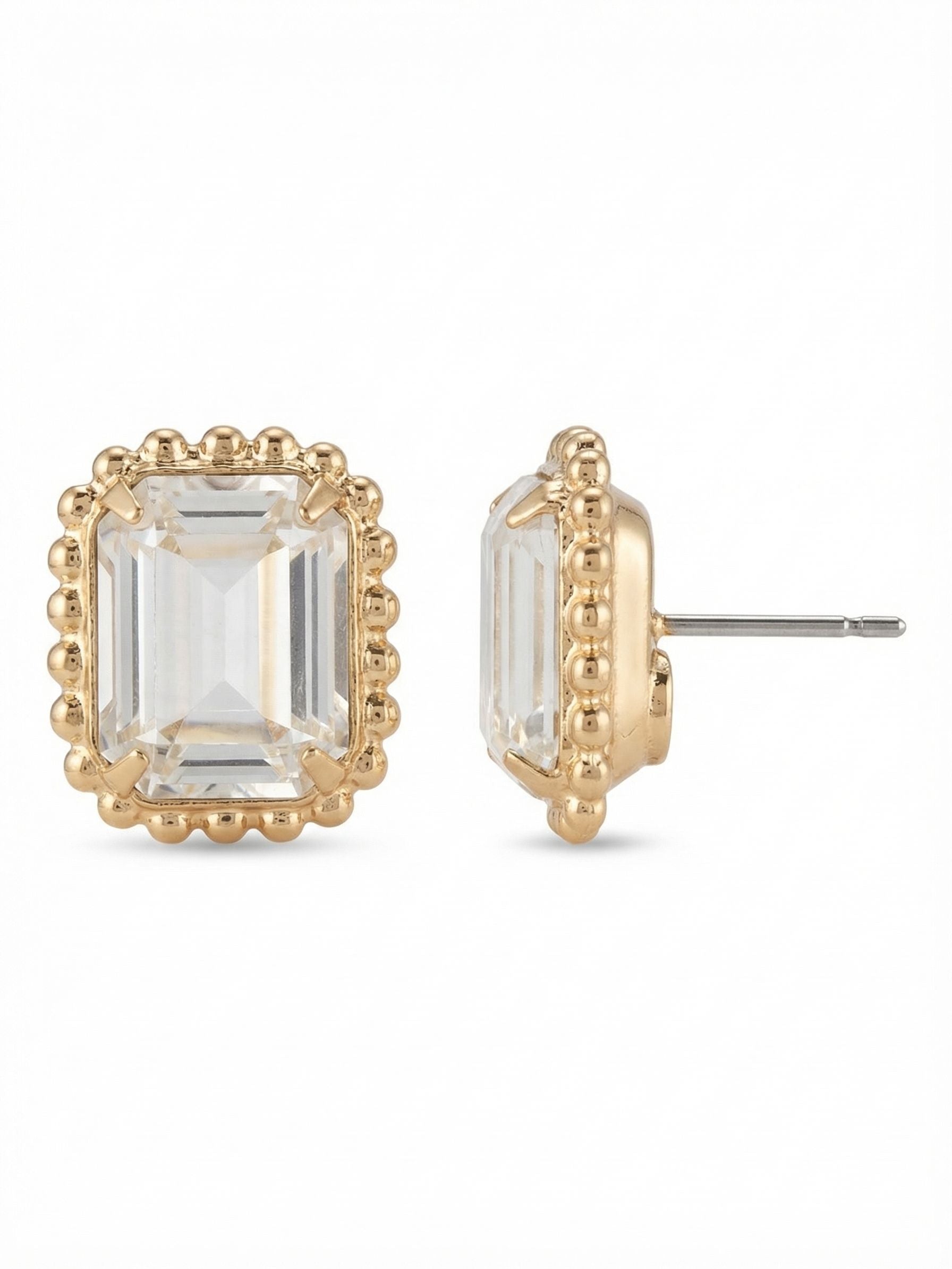 Octavia Scalloped Stud Earrings - EBW18BGCRY - <p>A single emerald-cut crystal takes center stage, framed by a continuous rim of delicate ball chain. The geometric steps of the clear stone catch the light cleanly, while the scalloped edge adds a soft, tactile contrast. Sized just right for daily wear, these studs read beautifully at conversation distance. To ensure they sit upright and secure from morning to night, they include our oversized comfort clutch backs.</p><ul>
<li>Emerald-cut center stone framed by a tactile ball chain border</li>
<li>Geometric step cuts create clean linear flashes of light</li>
<li>Post with oversized comfort-clutch back</li>
<li>Protective e-coat finish for lasting wear</li>
<li>Includes signature organza pouch for gifting and travel</li>
</ul>