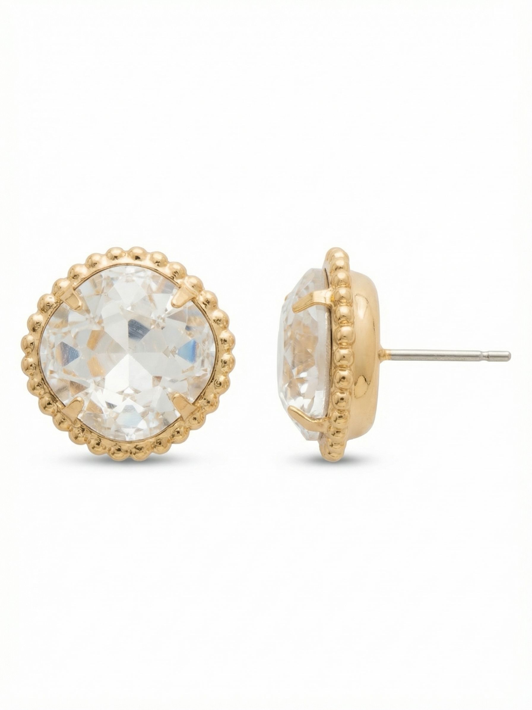 Cushion-Cut Solitaire Stud Earrings - EBX10BGCRY - <p>A substantial stud built to anchor your daily rotation. The large cushion-cut crystal fills the lobe, catching the light easily at conversation distance. We wrapped the clear stone in a delicate beaded border to add a hint of texture to the setting. To keep a piece of this scale secure and perfectly upright, the post is paired with our oversized comfort clutch for balanced wear from morning to night.</p><ul>
<li>Oversized cushion-cut crystal provides significant presence</li>
<li>Framed by a delicate beaded metal border for subtle textural contrast</li>
<li>Post with oversized comfort-clutch back</li>
<li>Protective e-coat finish for lasting wear</li>
<li>Includes signature organza pouch for gifting and travel</li>
</ul>